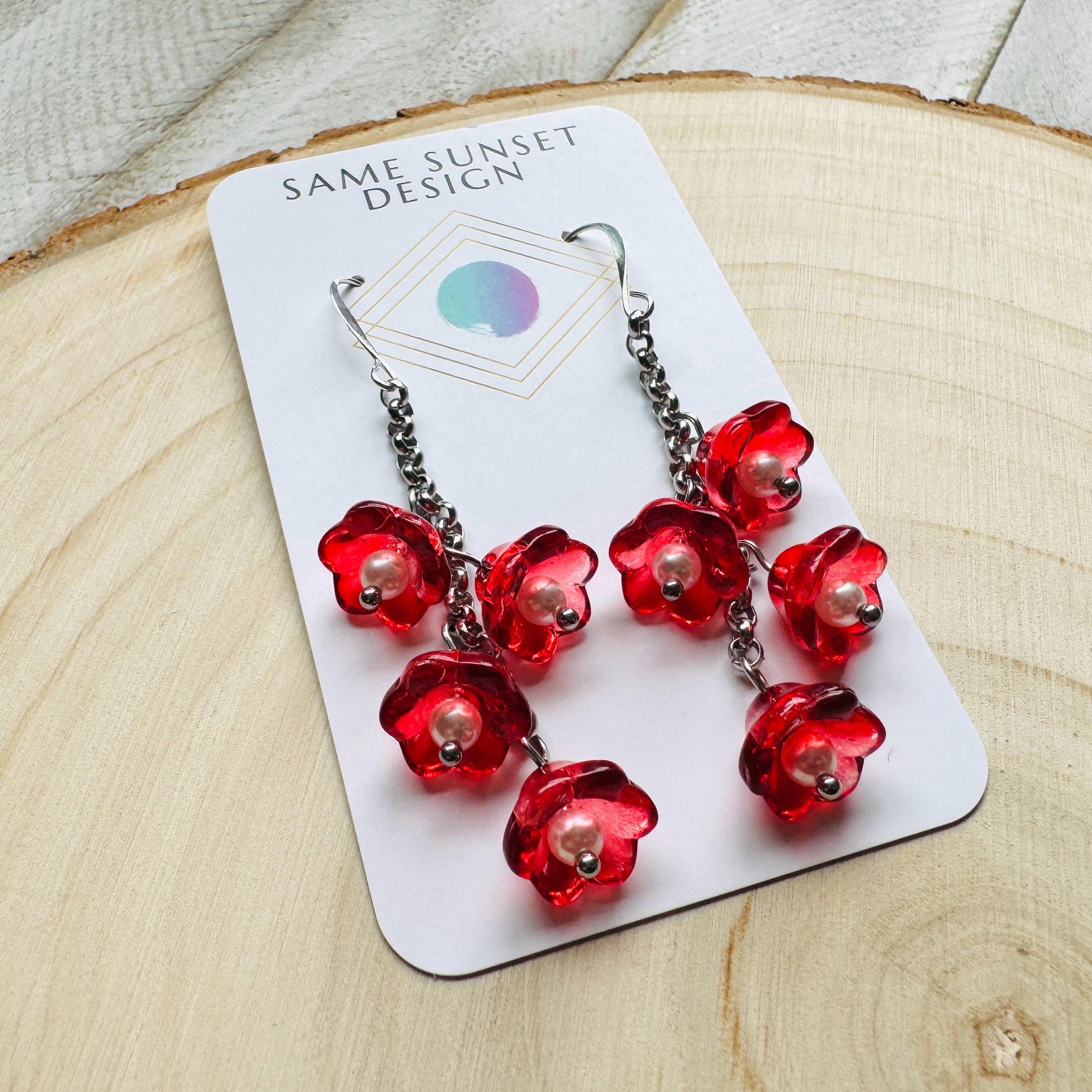 Flower Earrings, Red Flowers, Silver Earrings, Pearl Earrings Dangle, Cottagecore Jewelry, Gothic Earrings for Women, Plant Mom Gift