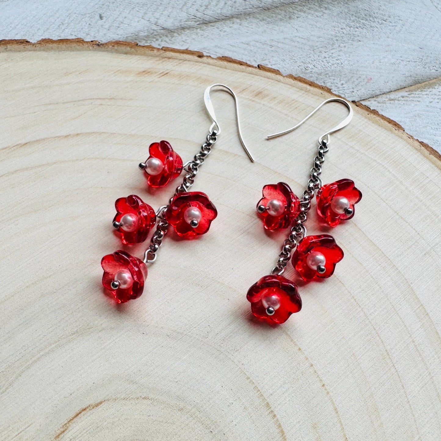 Flower Earrings, Red Flowers, Silver Earrings, Pearl Earrings Dangle, Cottagecore Jewelry, Gothic Earrings for Women, Plant Mom Gift
