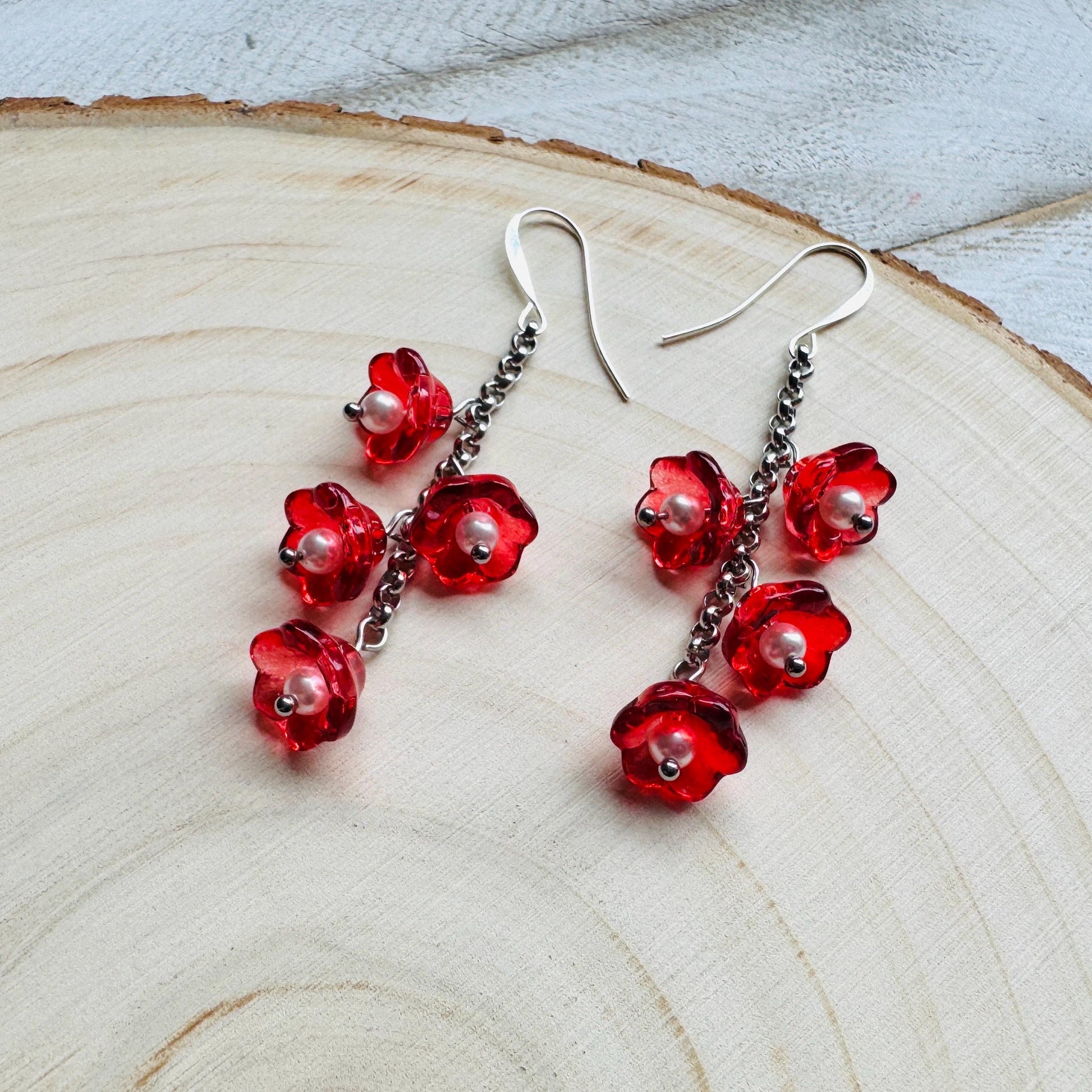 Flower Earrings, Red Flowers, Silver Earrings, Pearl Earrings Dangle, Cottagecore Jewelry, Gothic Earrings for Women, Plant Mom Gift