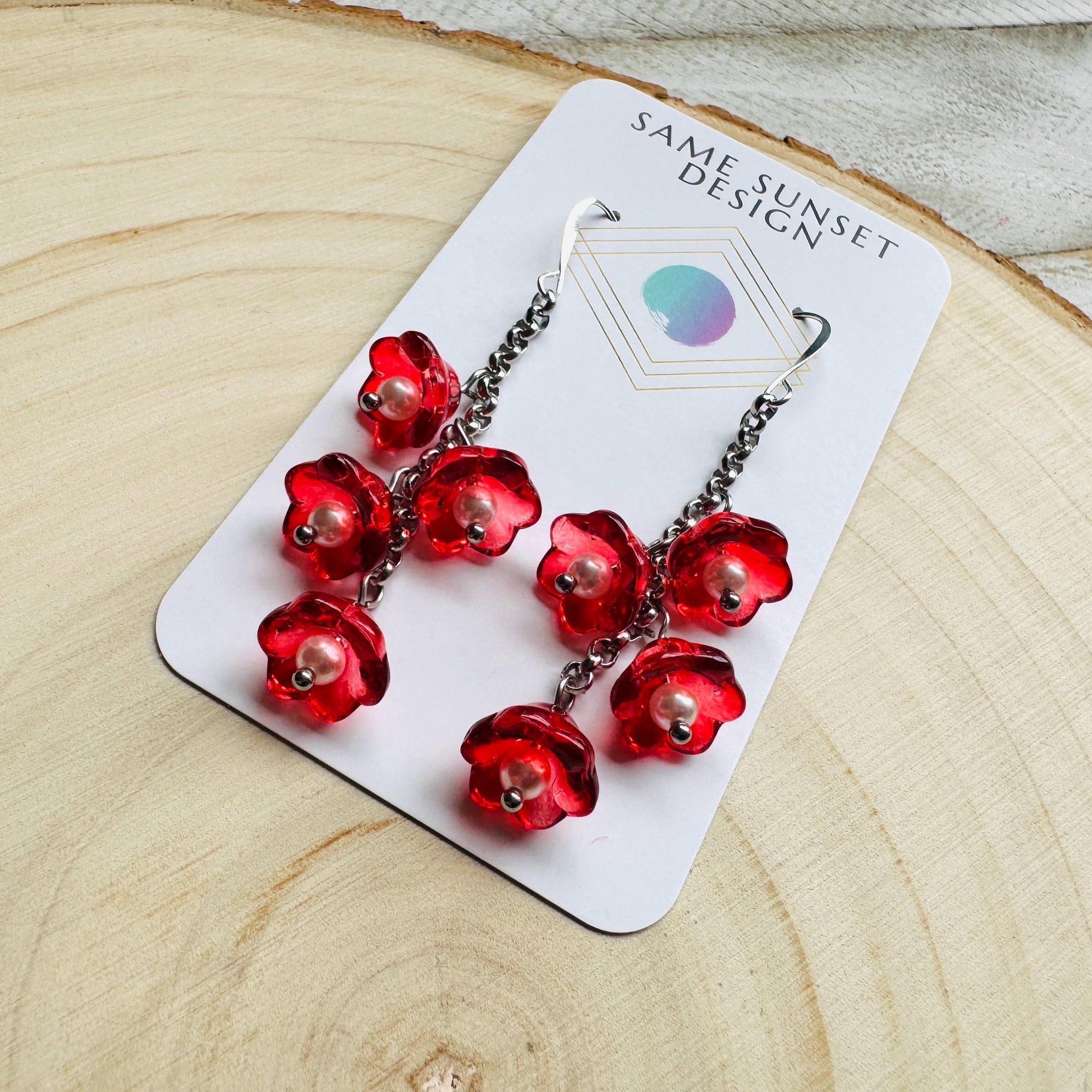 Flower Earrings, Red Flowers, Silver Earrings, Pearl Earrings Dangle, Cottagecore Jewelry, Gothic Earrings for Women, Plant Mom Gift