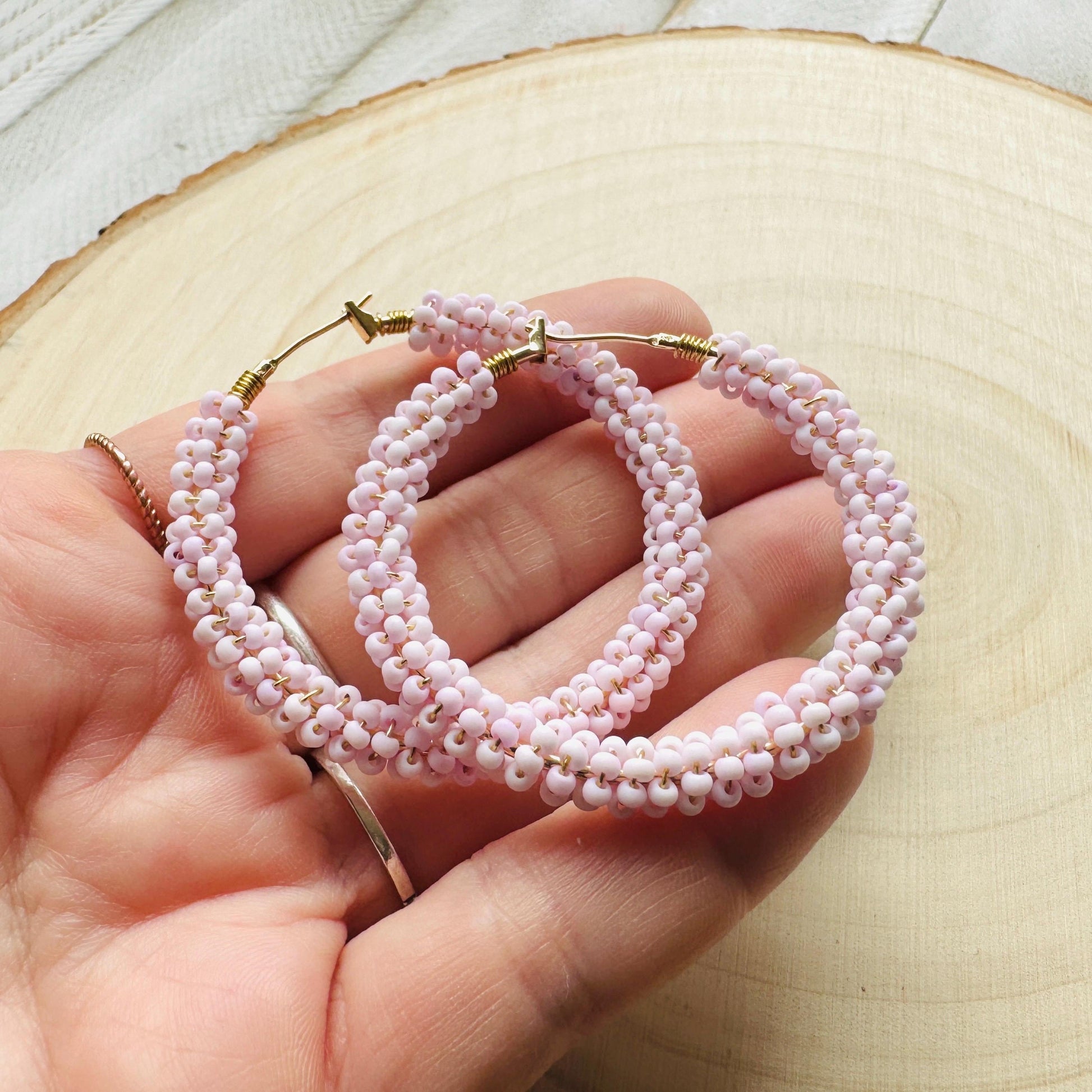 Seed Bead Hoop Earrings, Pink Hoop Earrings, Boho Earrings, Vacation Jewelry, Modern Chic Jewelry, Anniversary Gift for Girlfriend