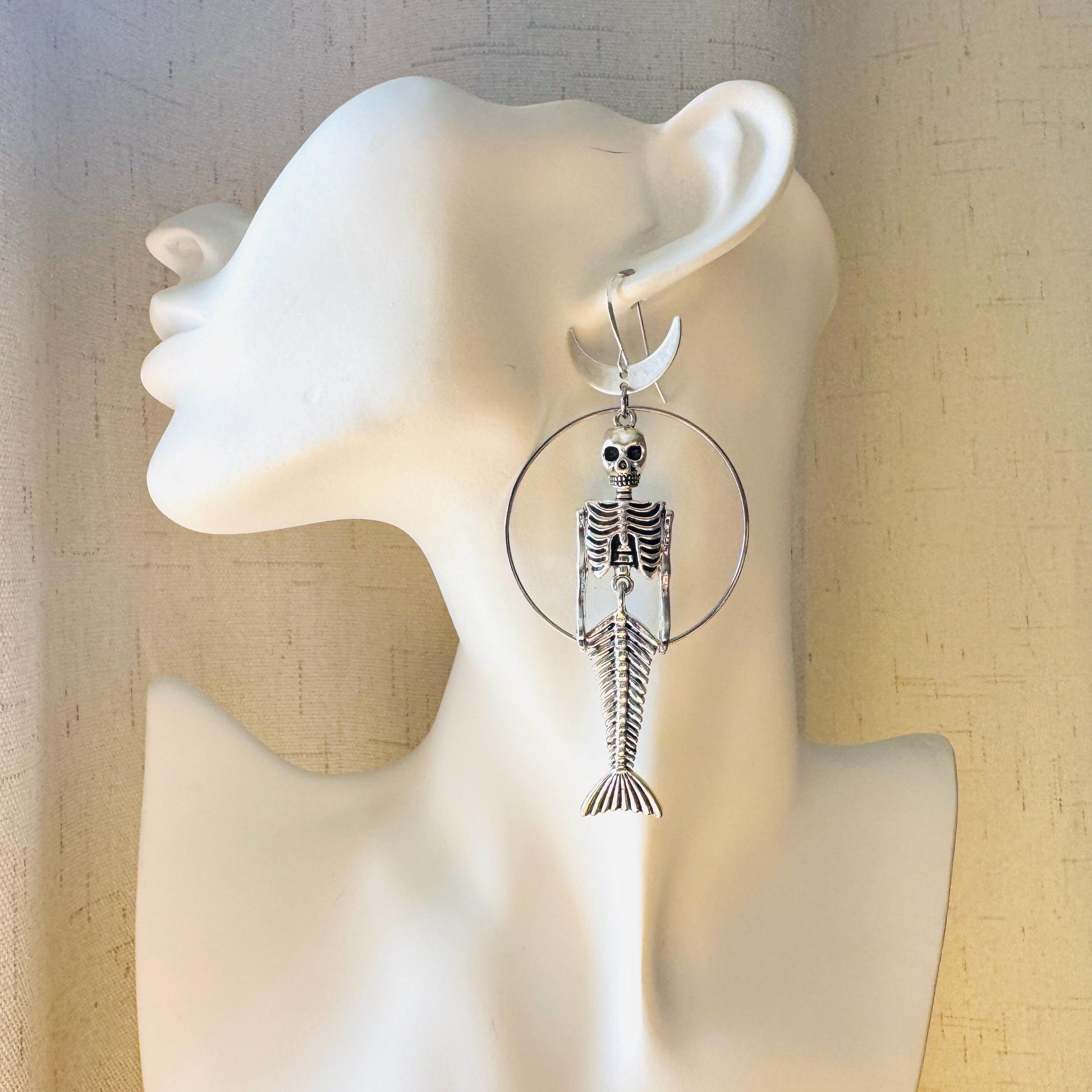 Skeleton Earrings, Mermaid Earrings, Silver Earrings, Unique Birthday Gift for Mom, Birthday Present for Her, Gothic Earrings for Women