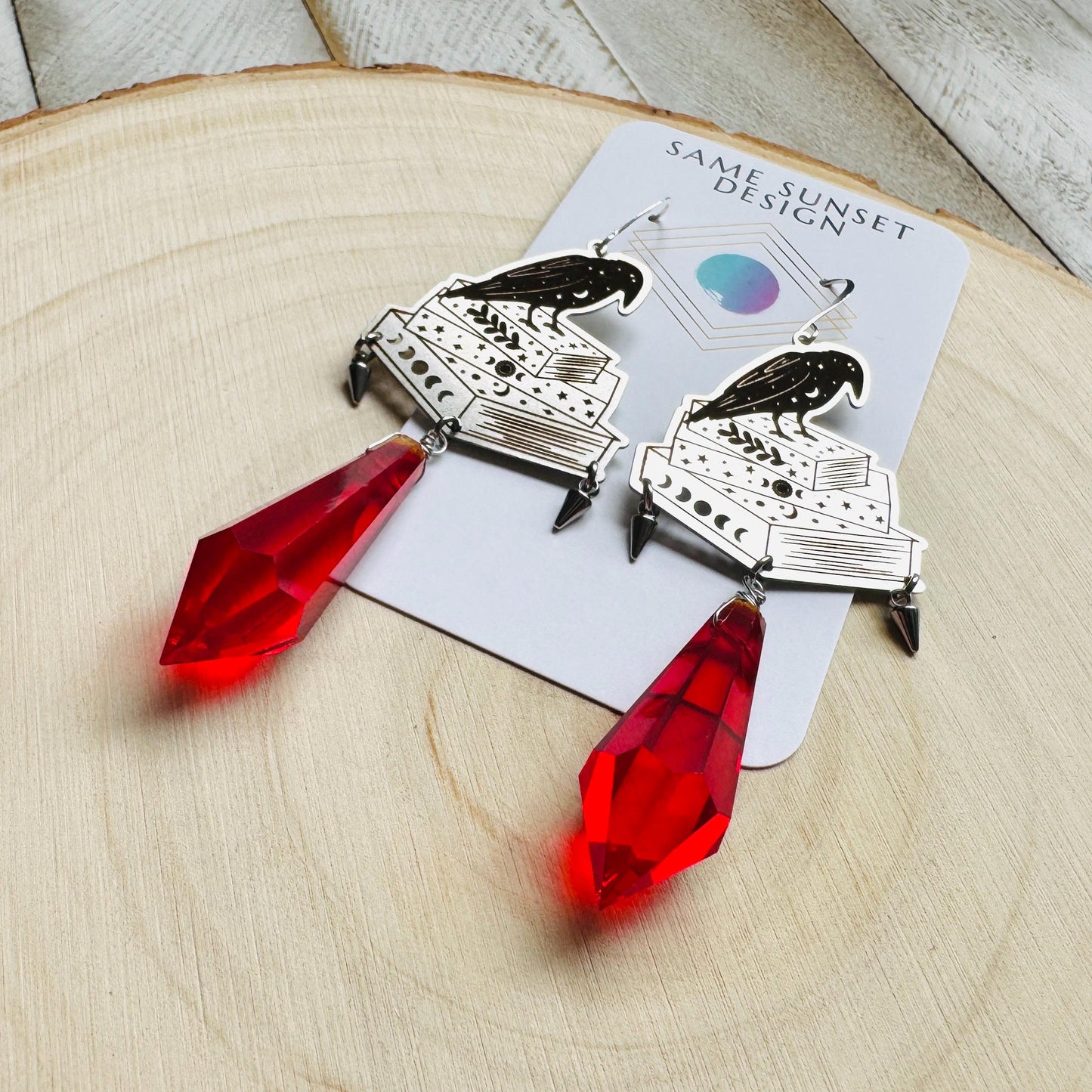Red Crystal Earrings, Raven Earrings, Spike Earrings, Witchy Earrings, Halloween, Punk Jewelry, Goth Earrings for Women, Graduation Gifts