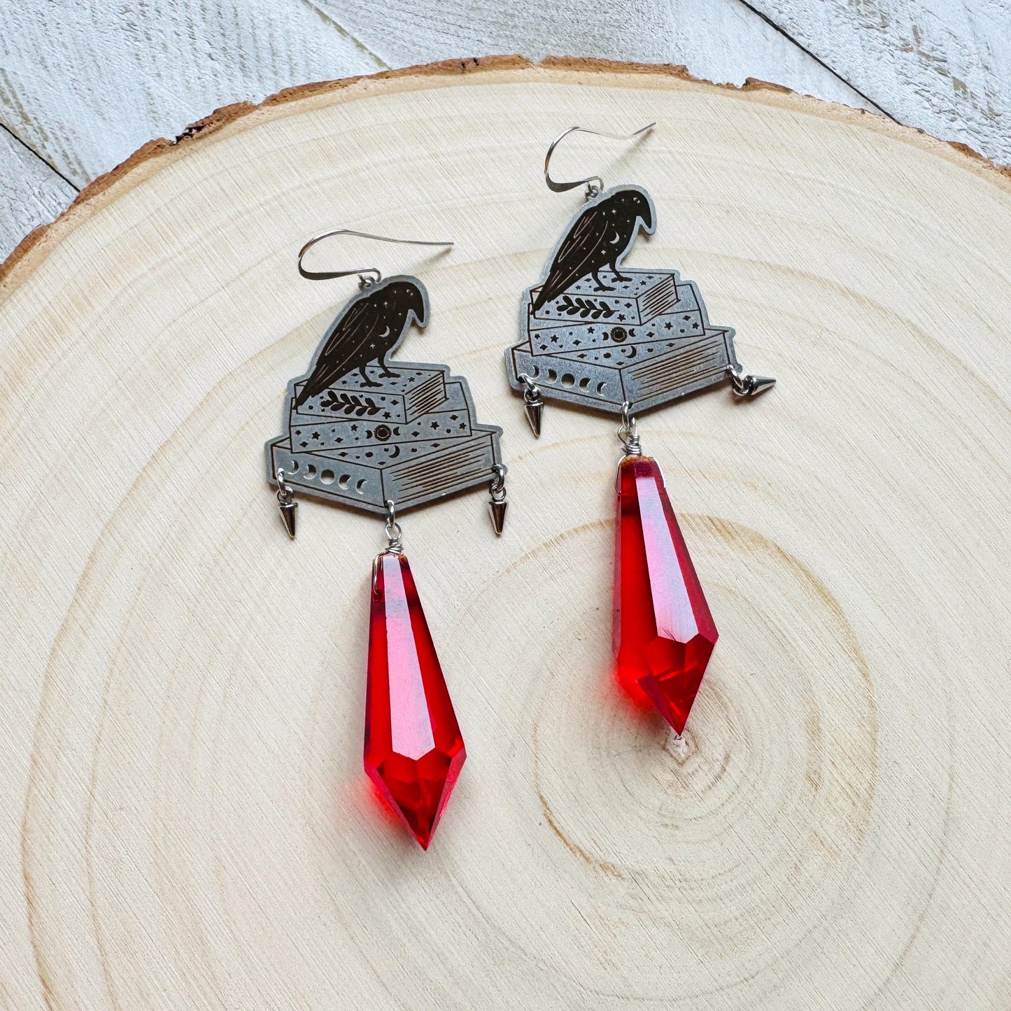 Red Crystal Earrings, Raven Earrings, Spike Earrings, Witchy Earrings, Halloween, Punk Jewelry, Goth Earrings for Women, Graduation Gifts