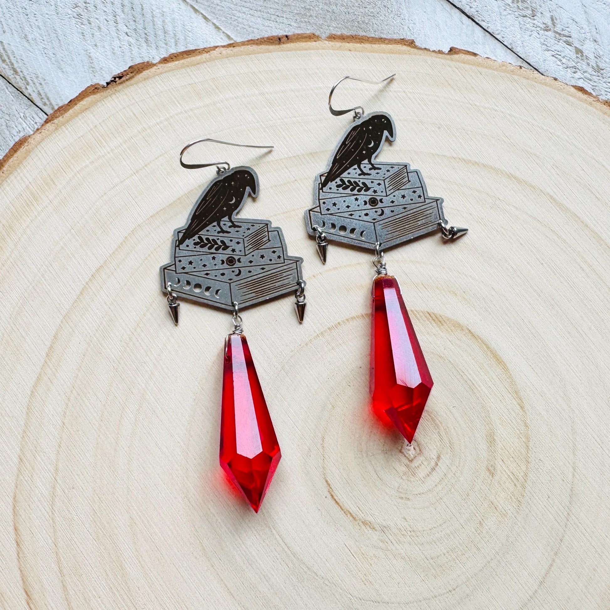 Red Crystal Earrings, Raven Earrings, Spike Earrings, Witchy Earrings, Halloween, Punk Jewelry, Goth Earrings for Women, Graduation Gifts