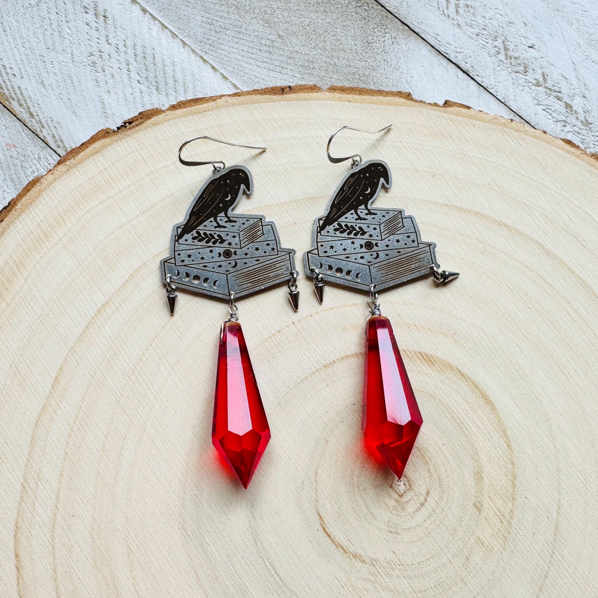 Red Crystal Earrings, Raven Earrings, Spike Earrings, Witchy Earrings, Halloween, Punk Jewelry, Goth Earrings for Women, Graduation Gifts