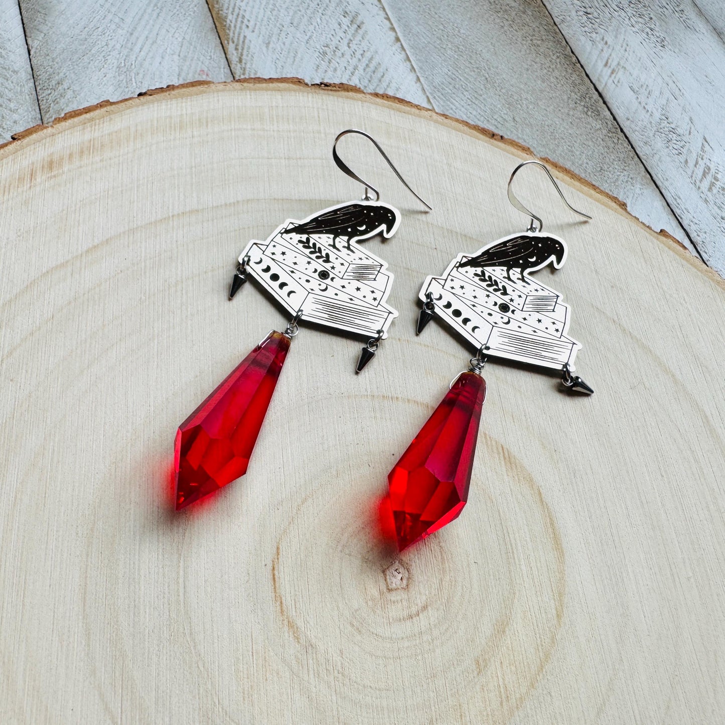 Red Crystal Earrings, Raven Earrings, Spike Earrings, Witchy Earrings, Halloween, Punk Jewelry, Goth Earrings for Women, Graduation Gifts
