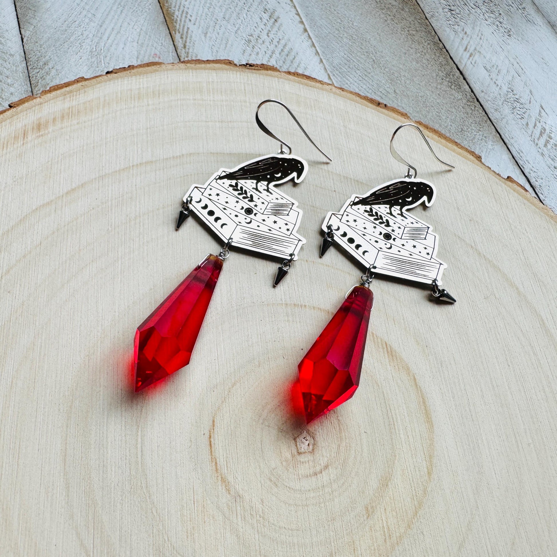 Red Crystal Earrings, Raven Earrings, Spike Earrings, Witchy Earrings, Halloween, Punk Jewelry, Goth Earrings for Women, Graduation Gifts