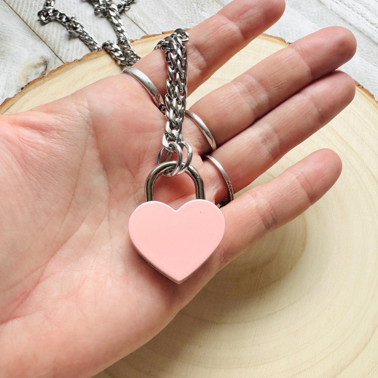 Heart Lock Necklace: Punk Goth Stainless Steel Chain, Pink