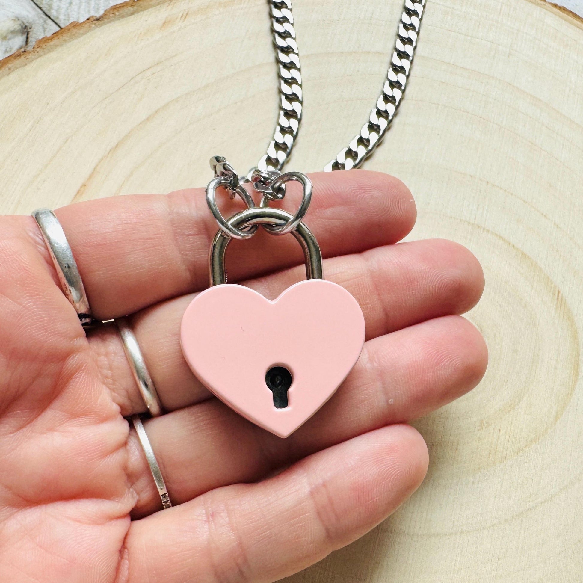 Heart Lock Necklace: Punk Goth Stainless Steel Chain, Pink