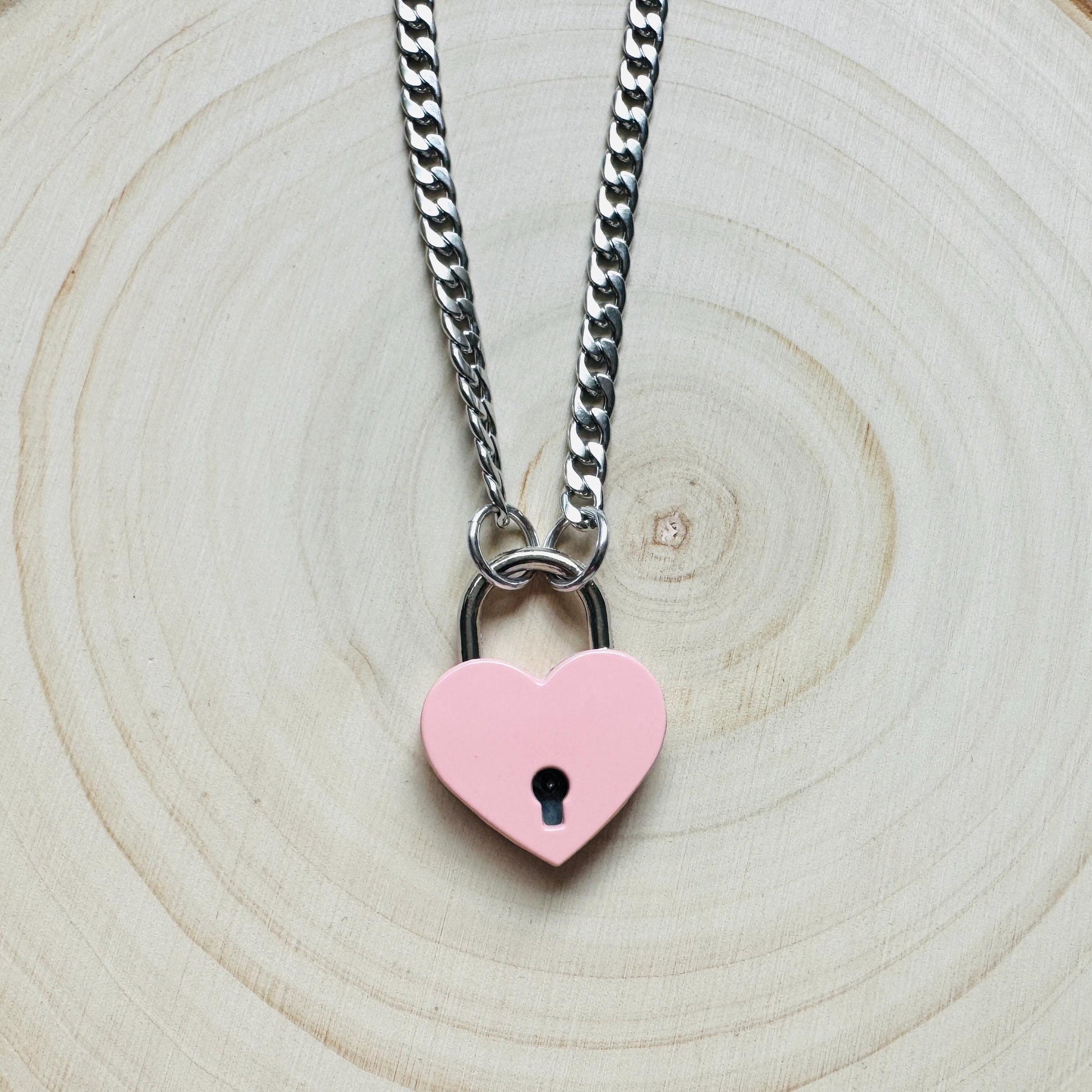 Heart Lock Necklace: Punk Goth Stainless Steel Chain, Pink