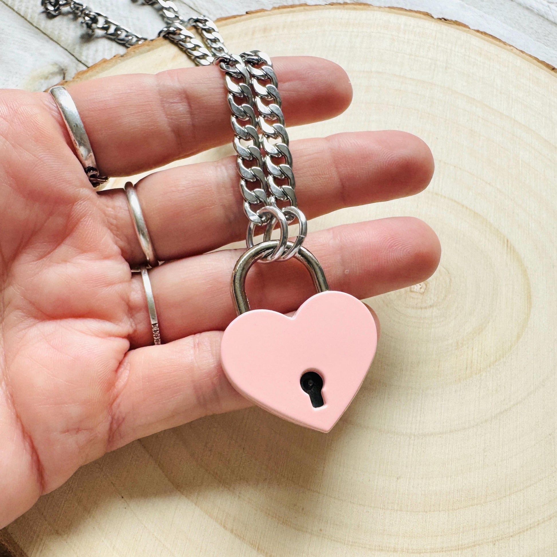 Heart Lock Necklace: Punk Goth Stainless Steel Chain, Pink