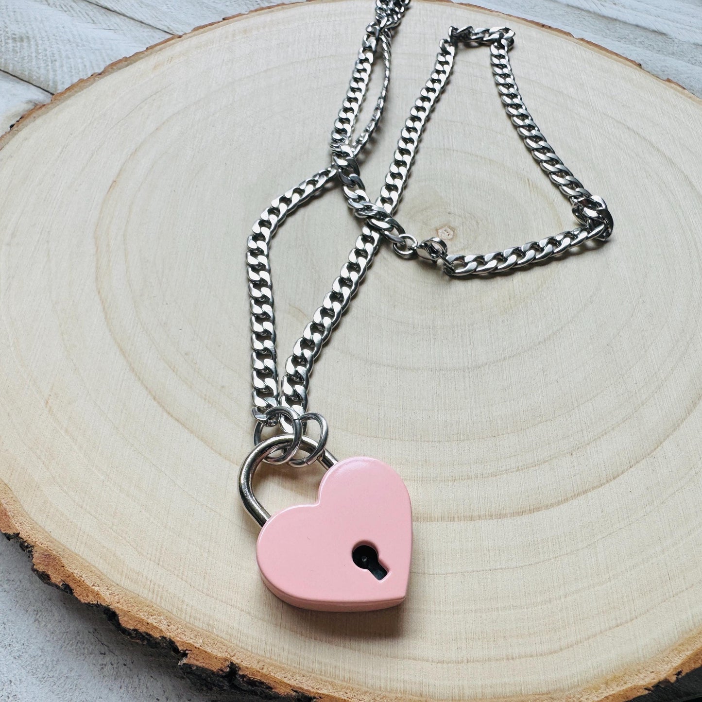Heart Lock Necklace: Punk Goth Stainless Steel Chain, Pink