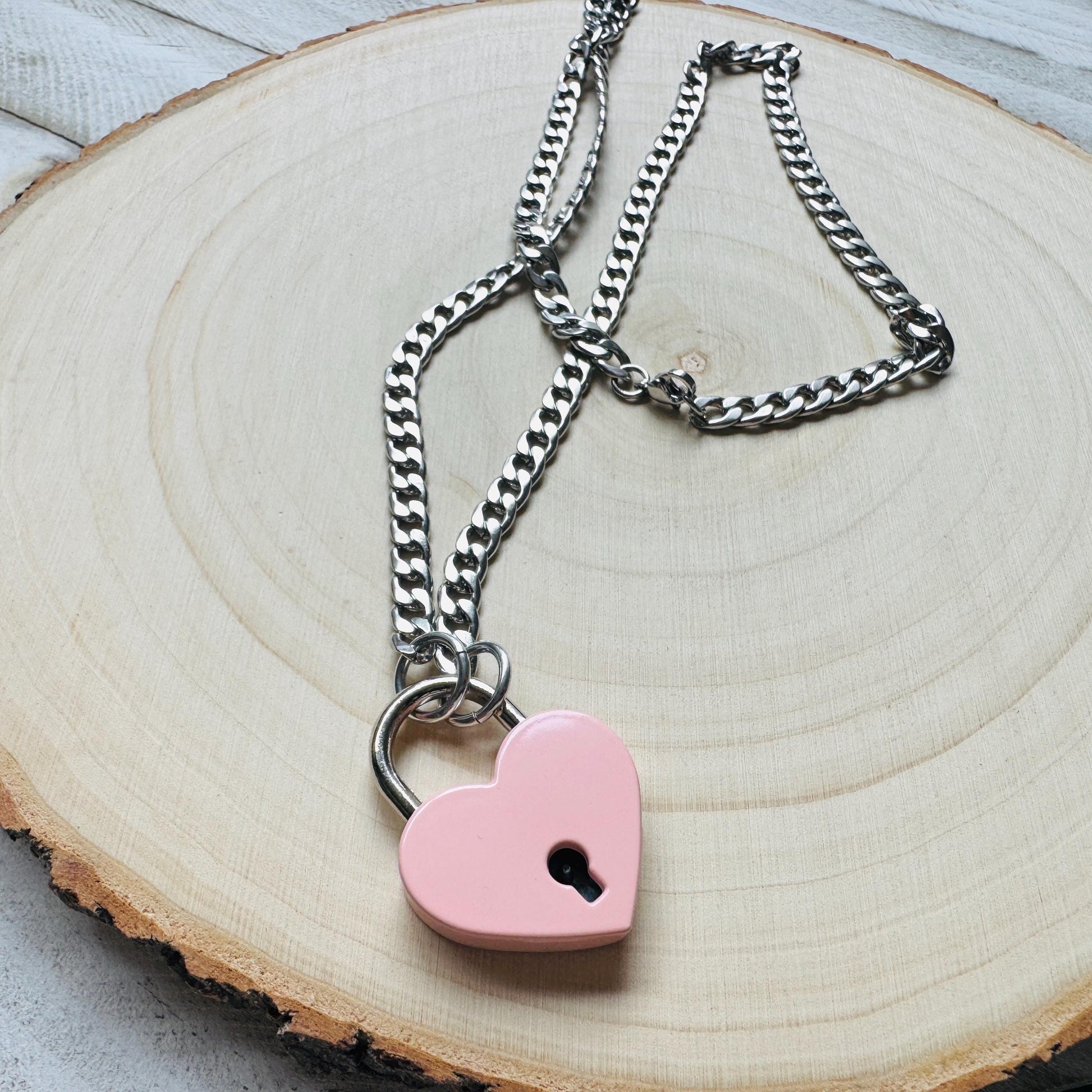 Heart Lock Necklace: Punk Goth Stainless Steel Chain, Pink