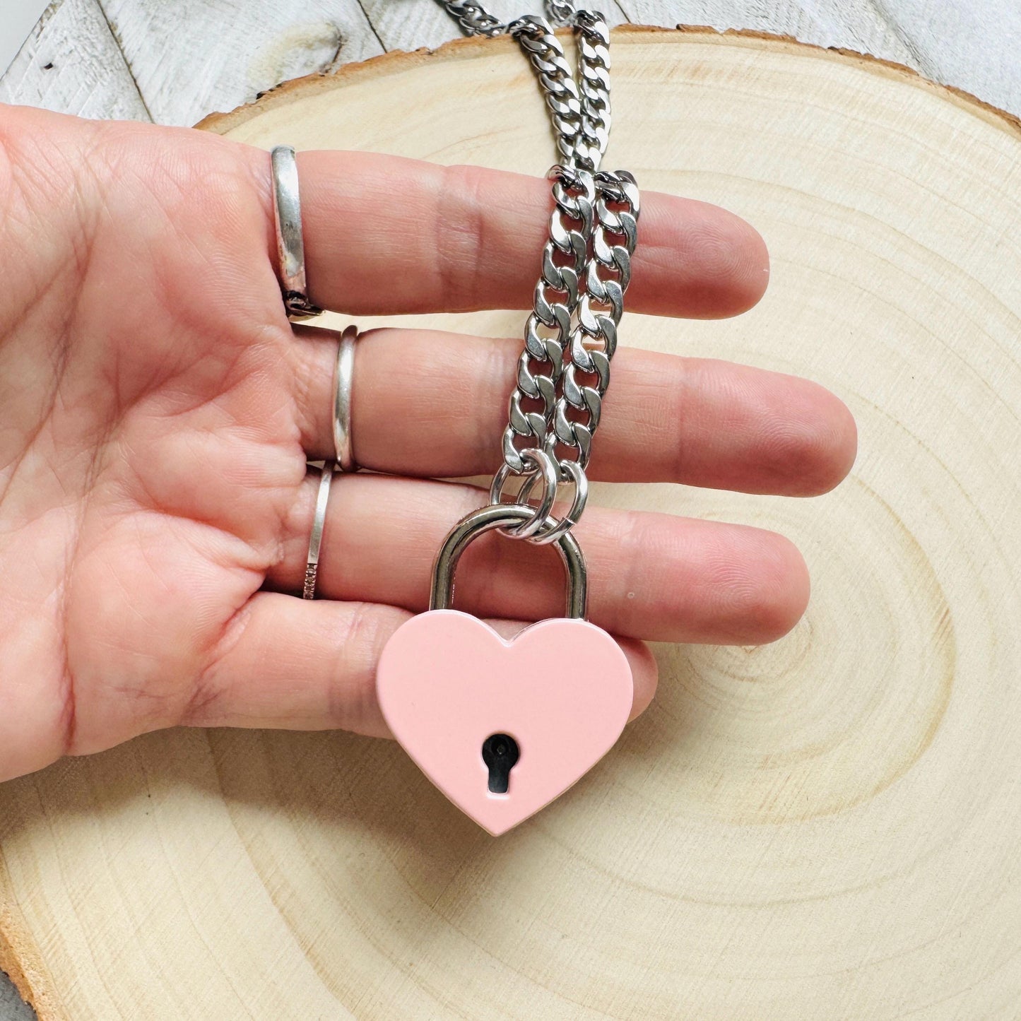 Heart Lock Necklace: Punk Goth Stainless Steel Chain, Pink