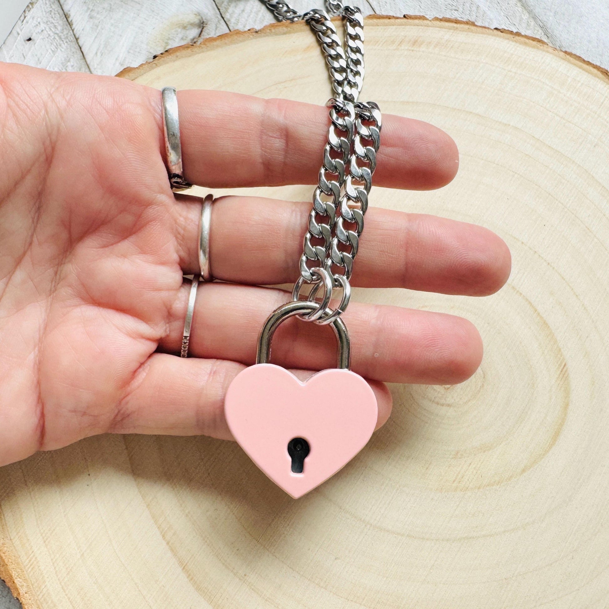 Heart Lock Necklace: Punk Goth Stainless Steel Chain, Pink