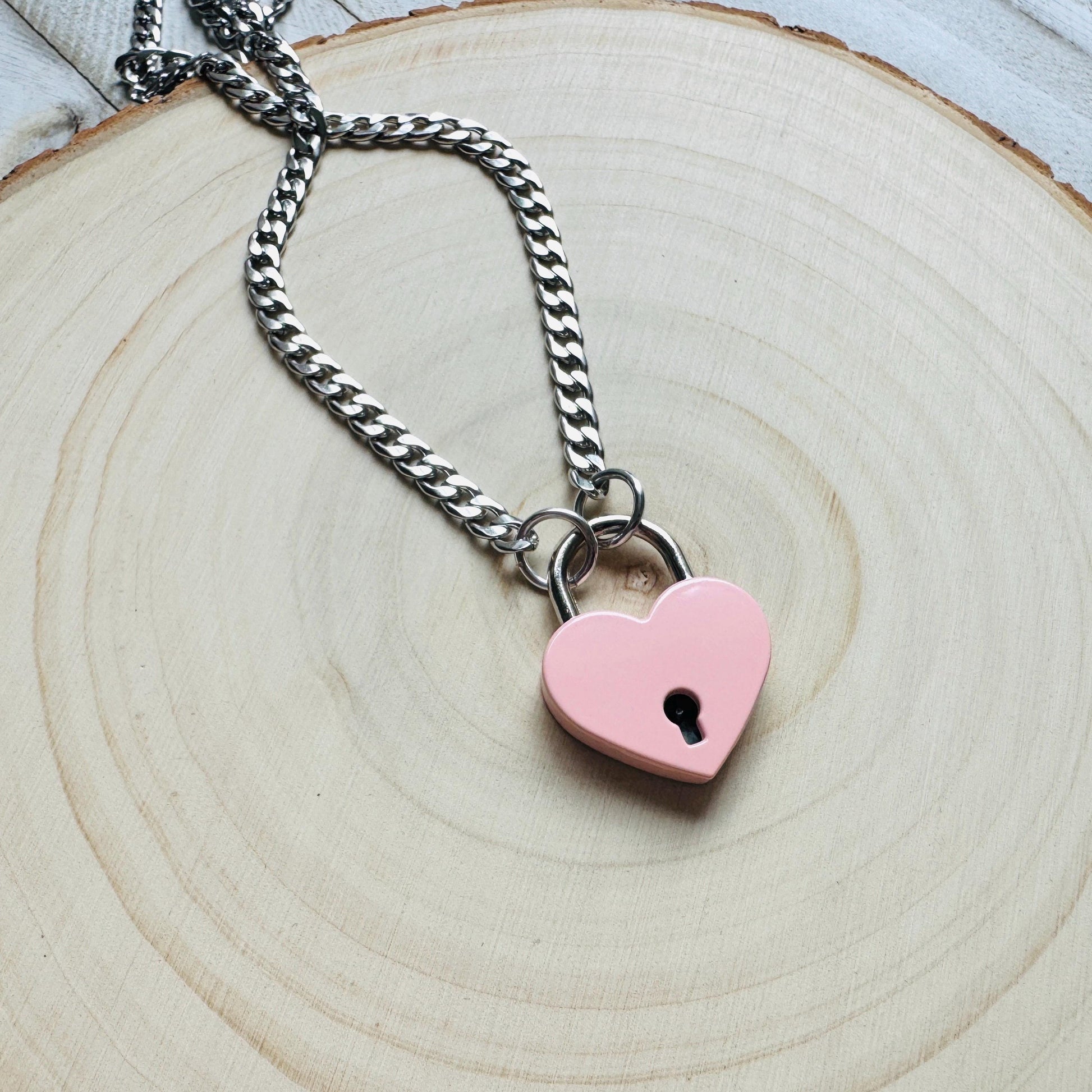 Heart Lock Necklace: Punk Goth Stainless Steel Chain, Pink