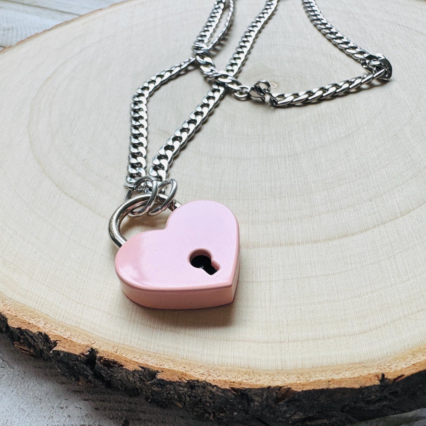 Heart Lock Necklace: Punk Goth Stainless Steel Chain, Pink