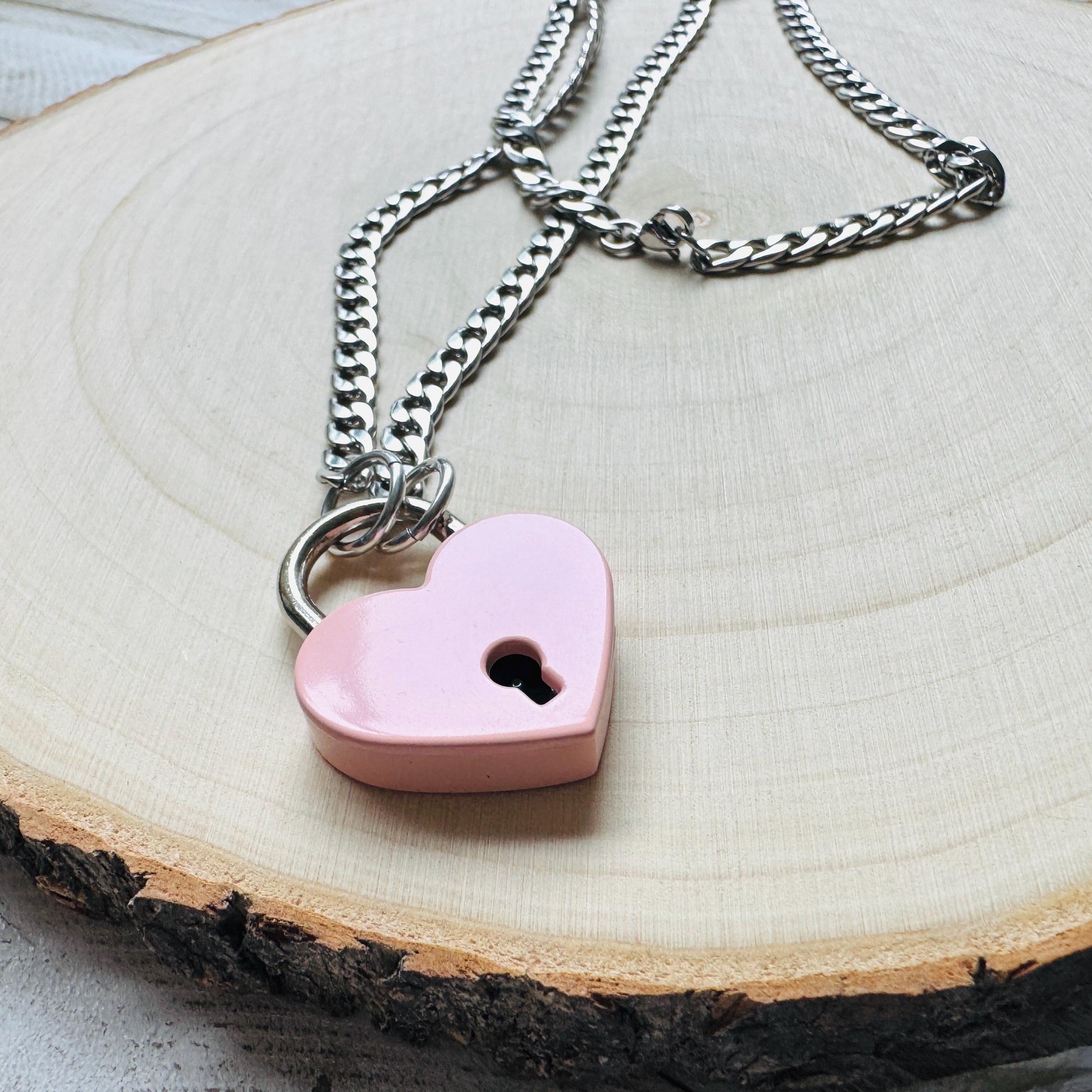 Heart Lock Necklace: Punk Goth Stainless Steel Chain, Pink