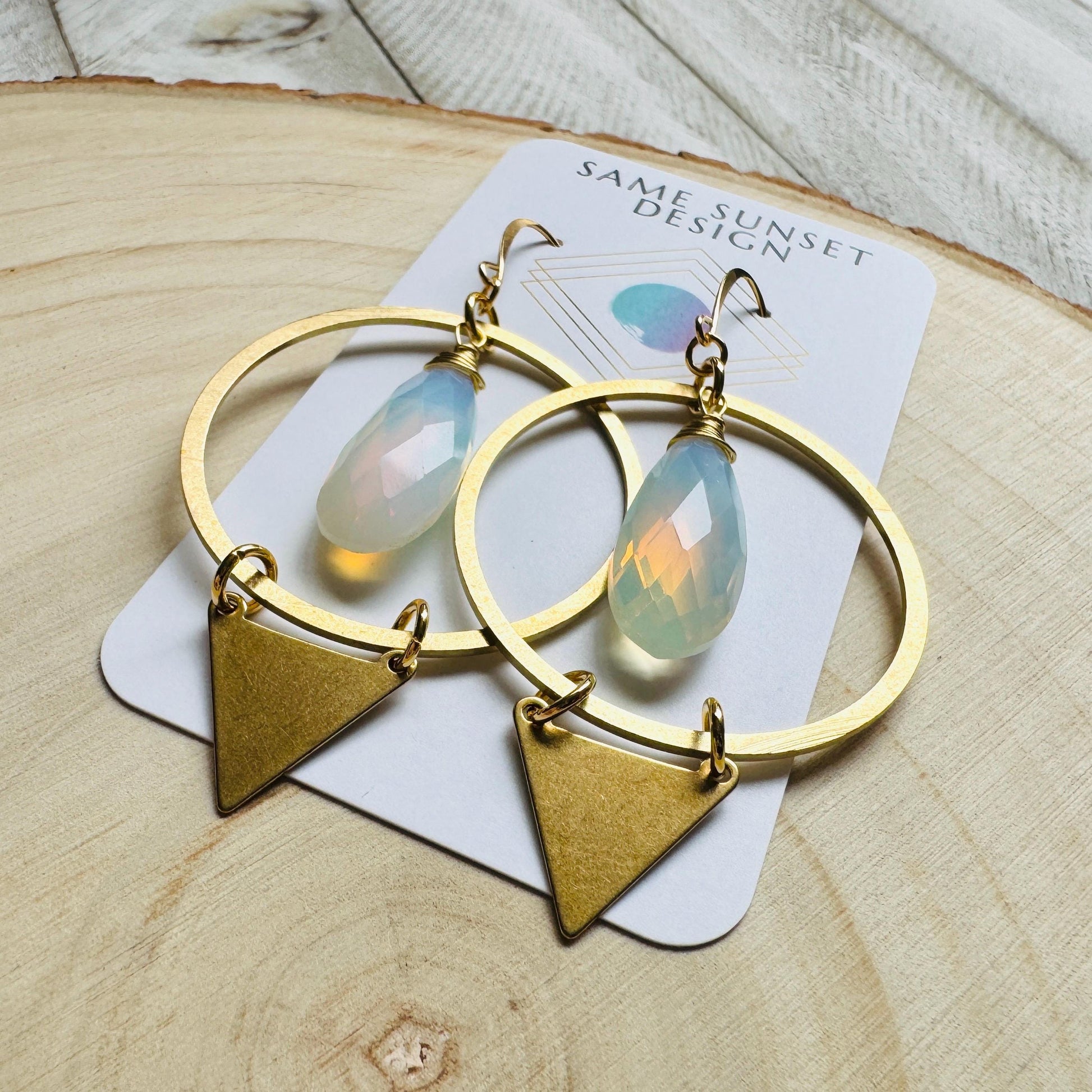 Opalite Earrings, Triangle Earrings, Brass Hoop Earrings Large, Boho Chic, Minimalistic Witchy Jewelry, Birthday Present For Her, Elegant