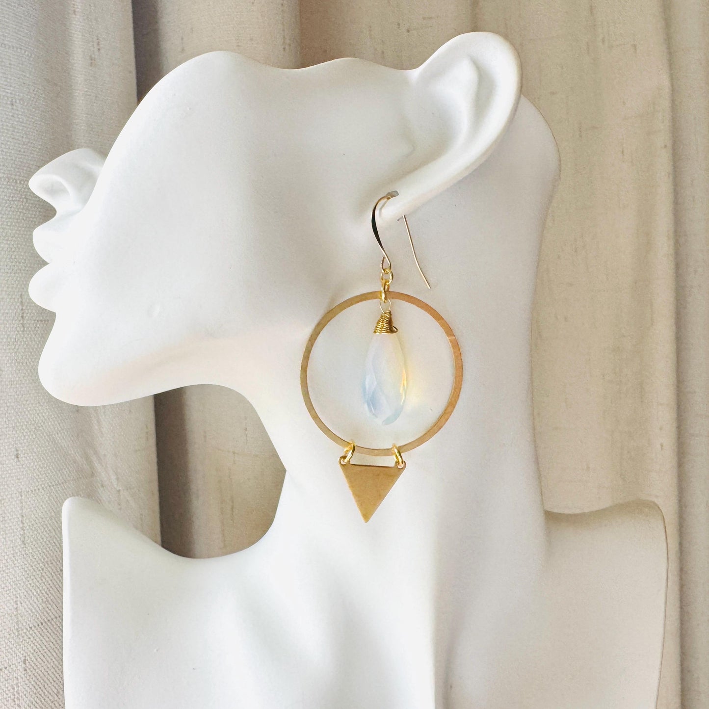 Opalite Earrings, Triangle Earrings, Brass Hoop Earrings Large, Boho Chic, Minimalistic Witchy Jewelry, Birthday Present For Her, Elegant