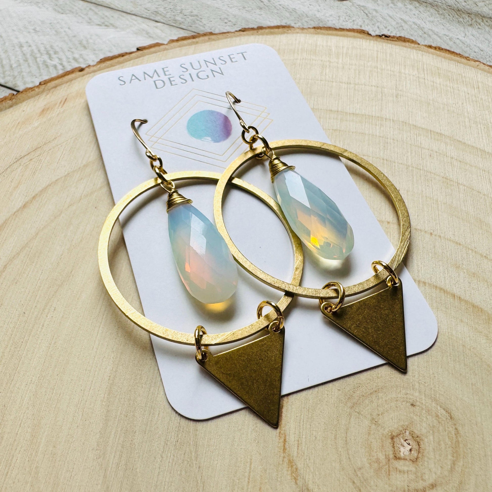 Opalite Earrings, Triangle Earrings, Brass Hoop Earrings Large, Boho Chic, Minimalistic Witchy Jewelry, Birthday Present For Her, Elegant