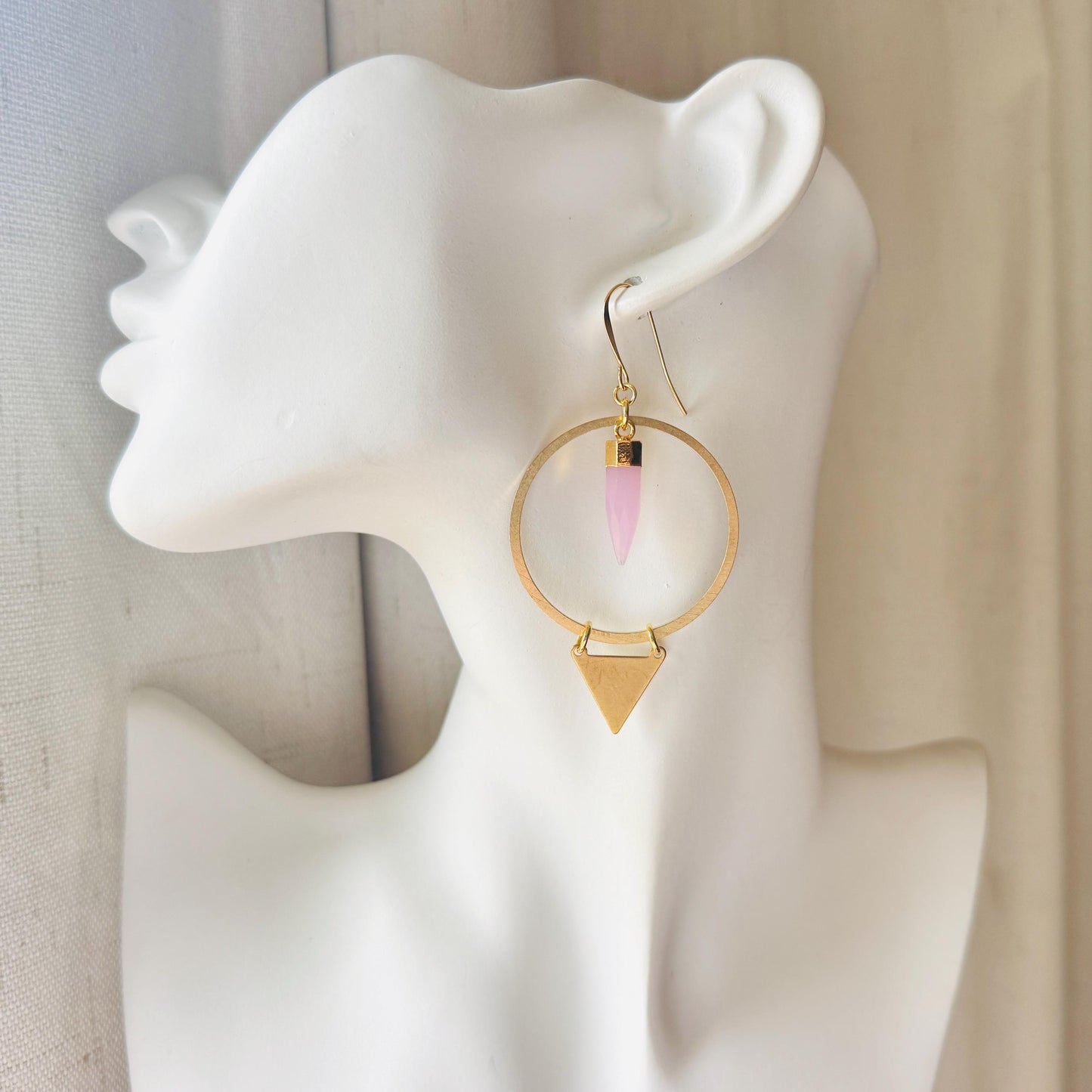 Rose Chalcedony Earrings, Triangle Earrings, Pink Earrings, Boho Hoops, Western Jewelry, Birthday Gift for Daughter, Friend Gifts for Women