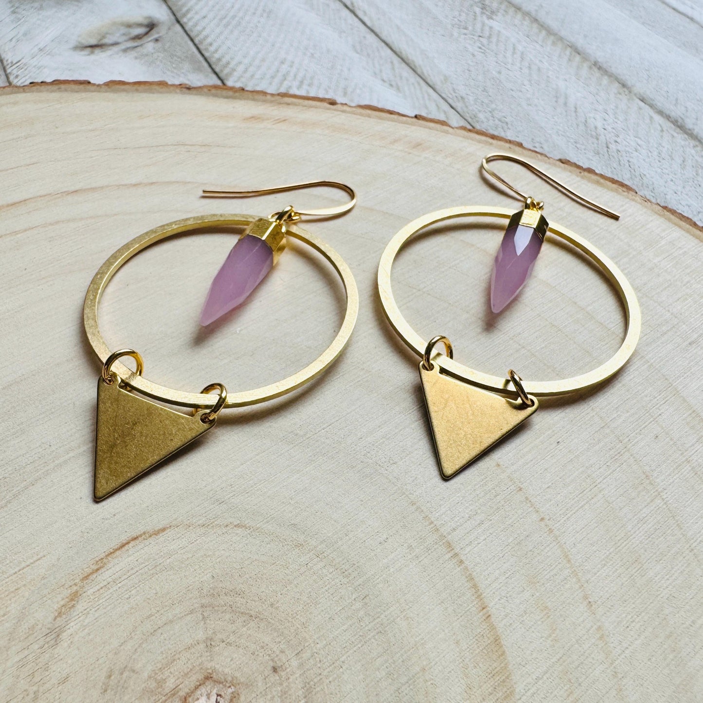 Rose Chalcedony Earrings, Triangle Earrings, Pink Earrings, Boho Hoops, Western Jewelry, Birthday Gift for Daughter, Friend Gifts for Women