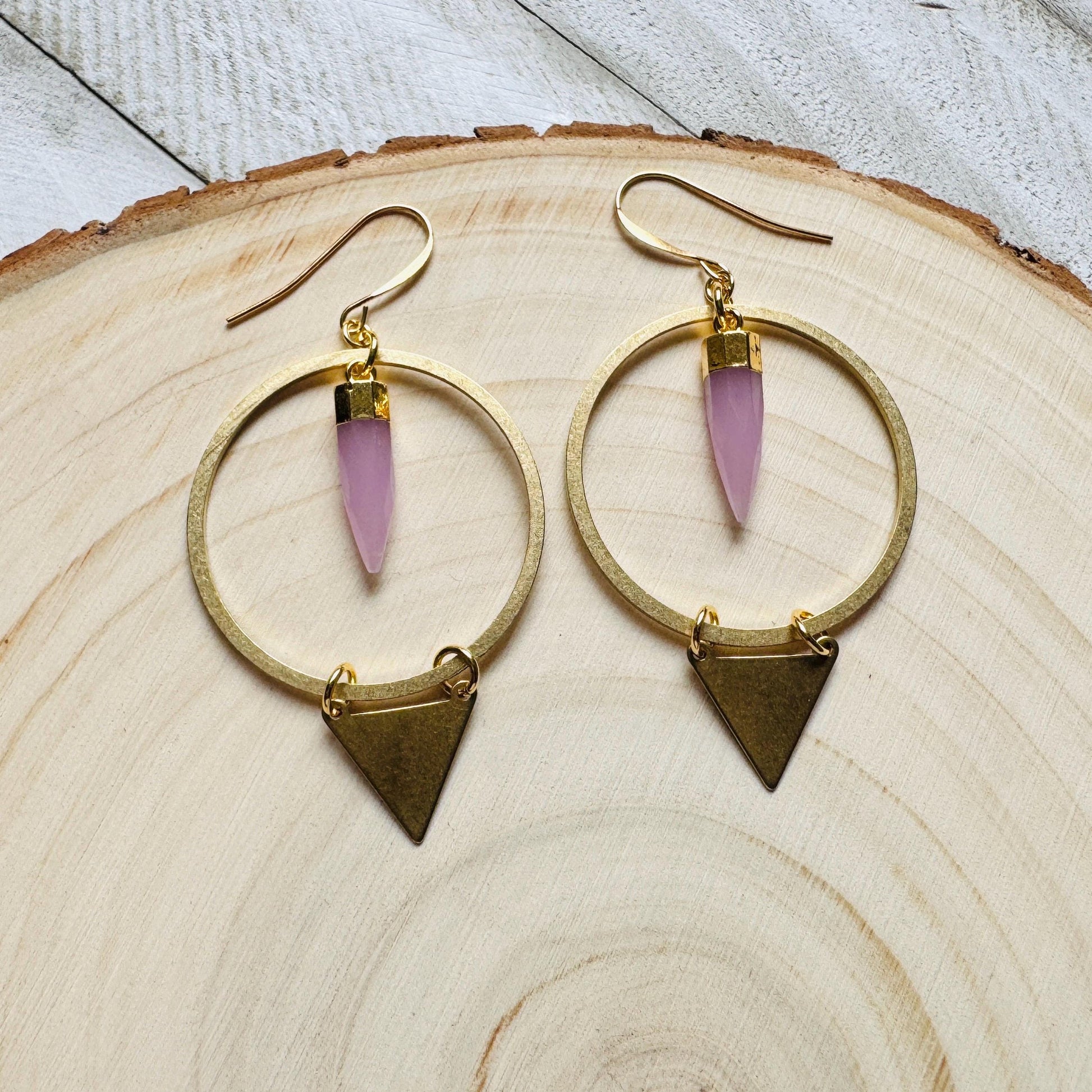 Rose Chalcedony Earrings, Triangle Earrings, Pink Earrings, Boho Hoops, Western Jewelry, Birthday Gift for Daughter, Friend Gifts for Women