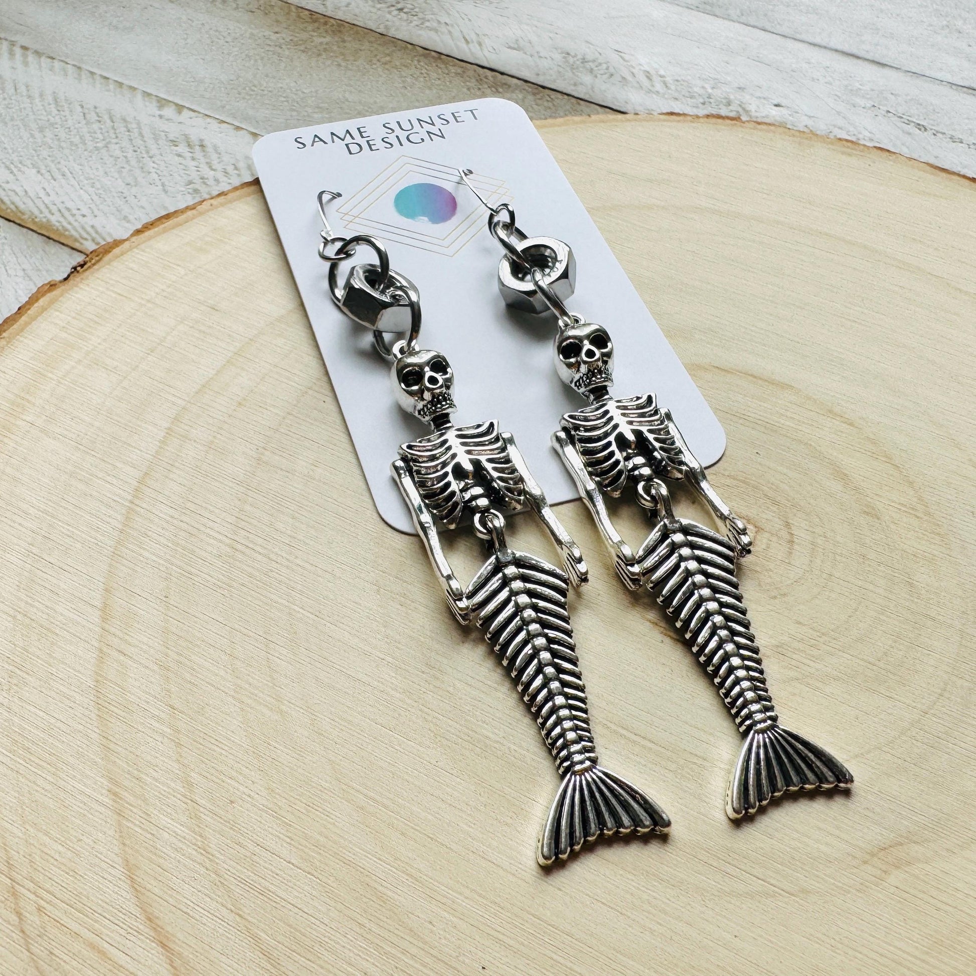 Skeleton Earrings, Mermaid Earrings, Silver Earrings, Unique Birthday Gift for Mom, Birthday Present for Her, Halloween Gift for Women