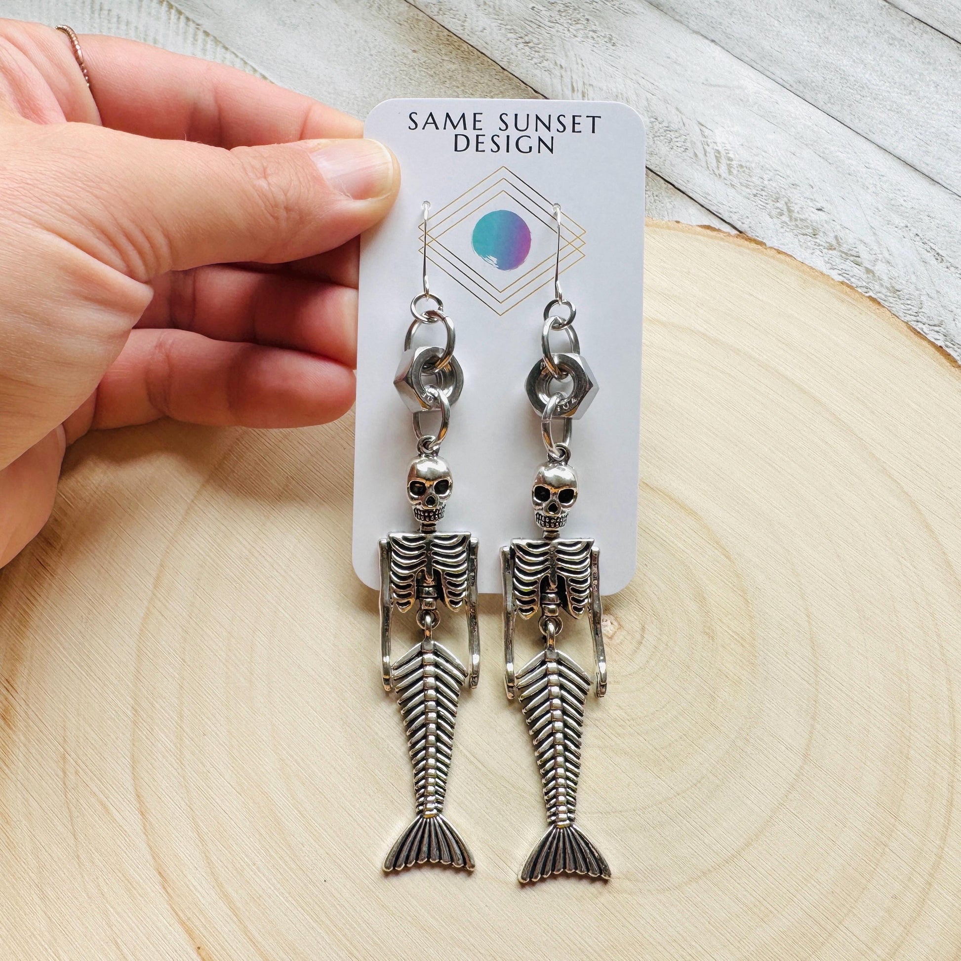 Skeleton Earrings, Mermaid Earrings, Silver Earrings, Unique Birthday Gift for Mom, Birthday Present for Her, Halloween Gift for Women