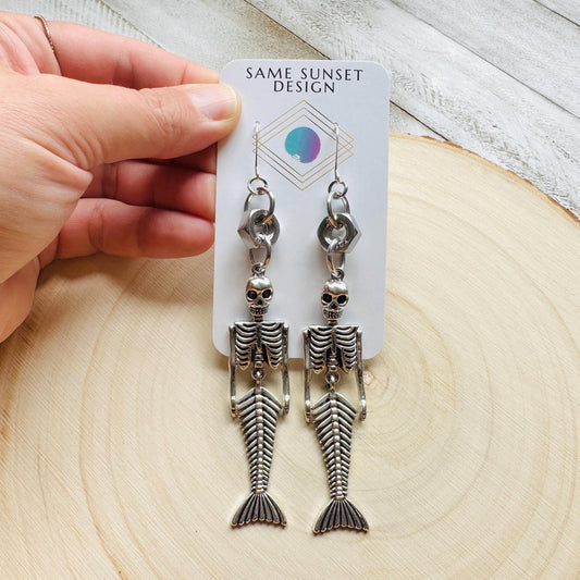 Skeleton Earrings, Mermaid Earrings, Silver Earrings, Unique Birthday Gift for Mom, Birthday Present for Her, Halloween Gift for Women