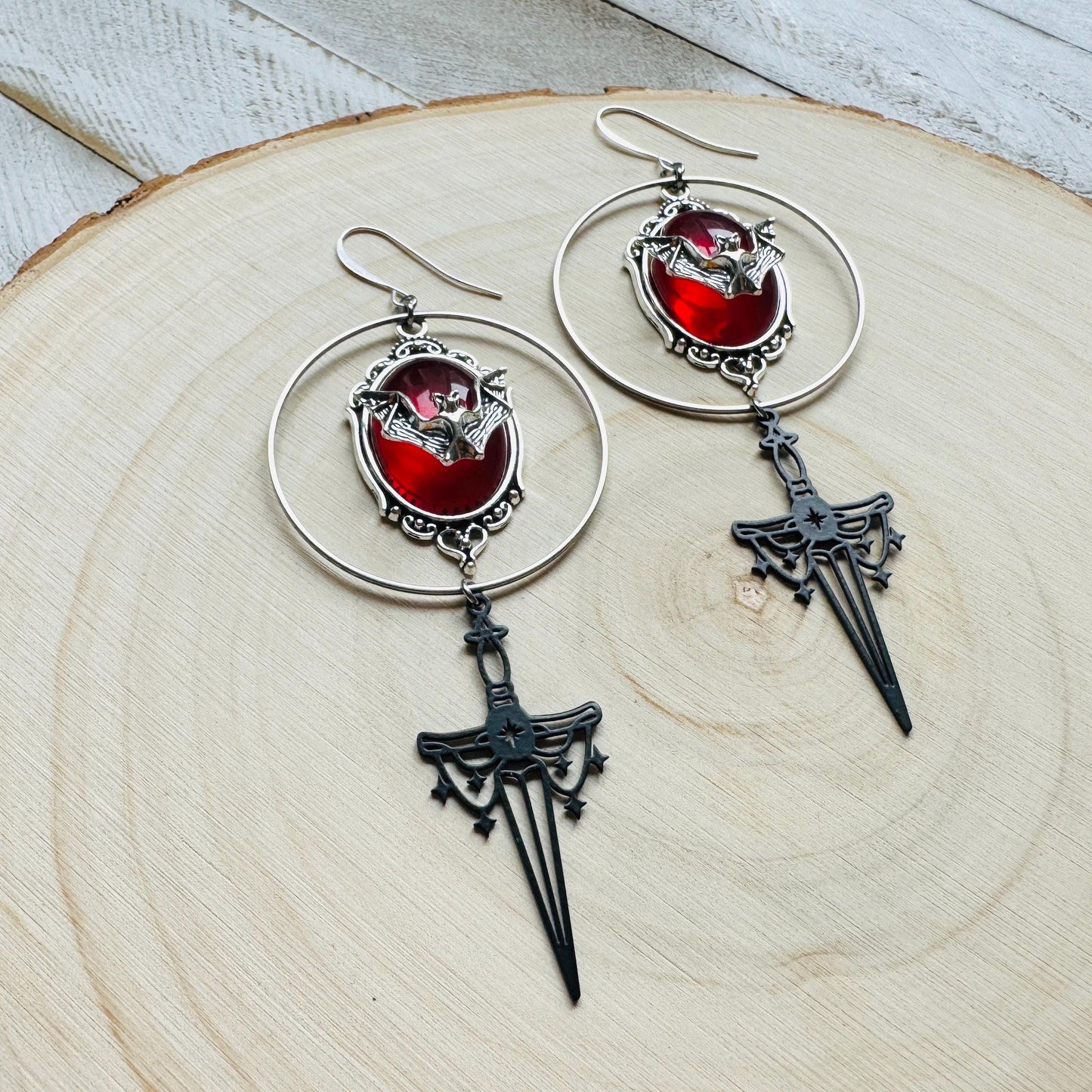 Bat Earrings, Silver Hoop Earrings, Witchy Earrings, Sword Earrings Silver, Punk Wedding, Goth Earrings for Women, Unique Halloween Gifts
