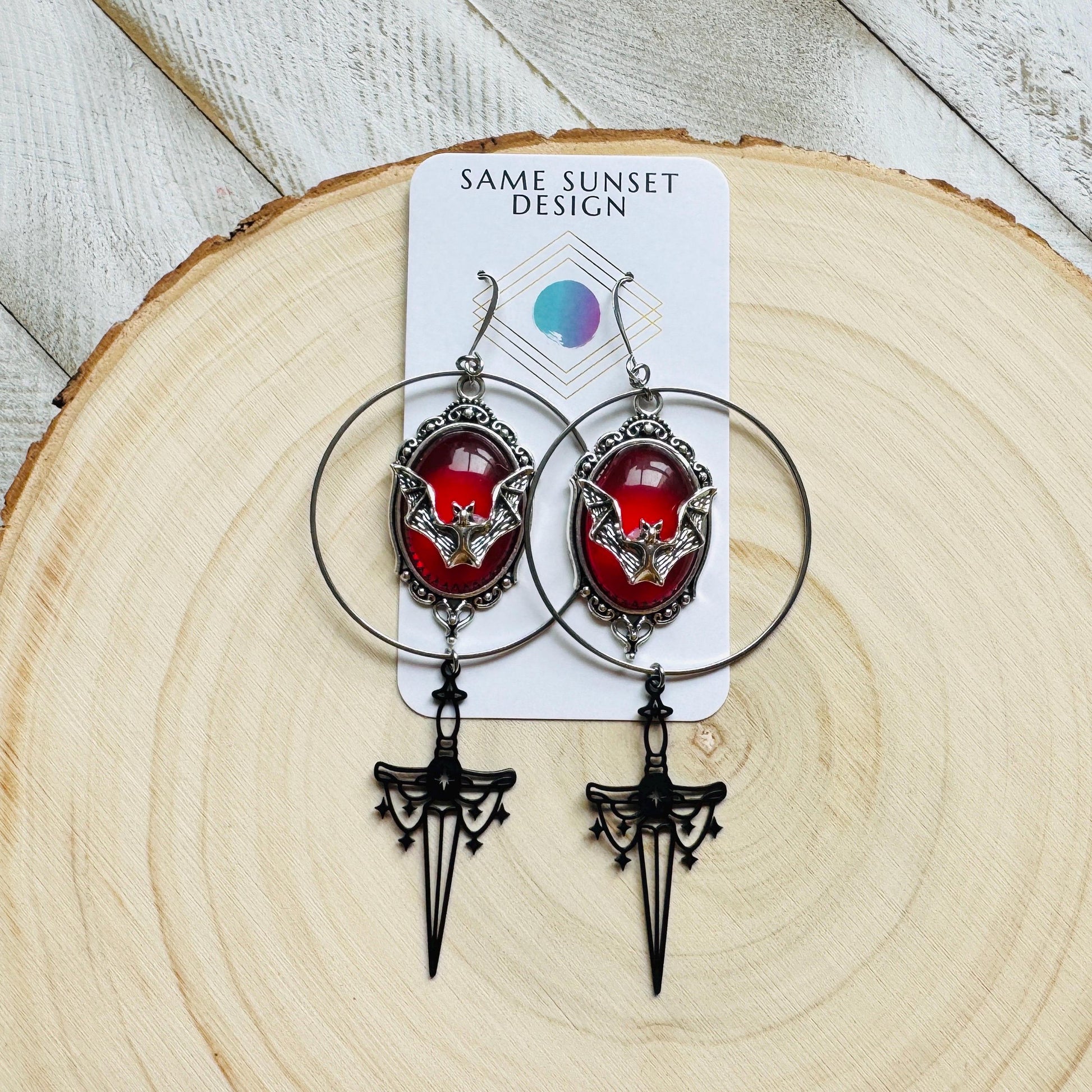 Bat Earrings, Silver Hoop Earrings, Witchy Earrings, Sword Earrings Silver, Punk Wedding, Goth Earrings for Women, Unique Halloween Gifts