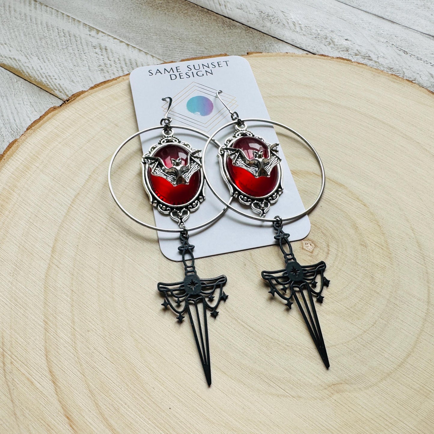 Bat Earrings, Silver Hoop Earrings, Witchy Earrings, Sword Earrings Silver, Punk Wedding, Goth Earrings for Women, Unique Halloween Gifts
