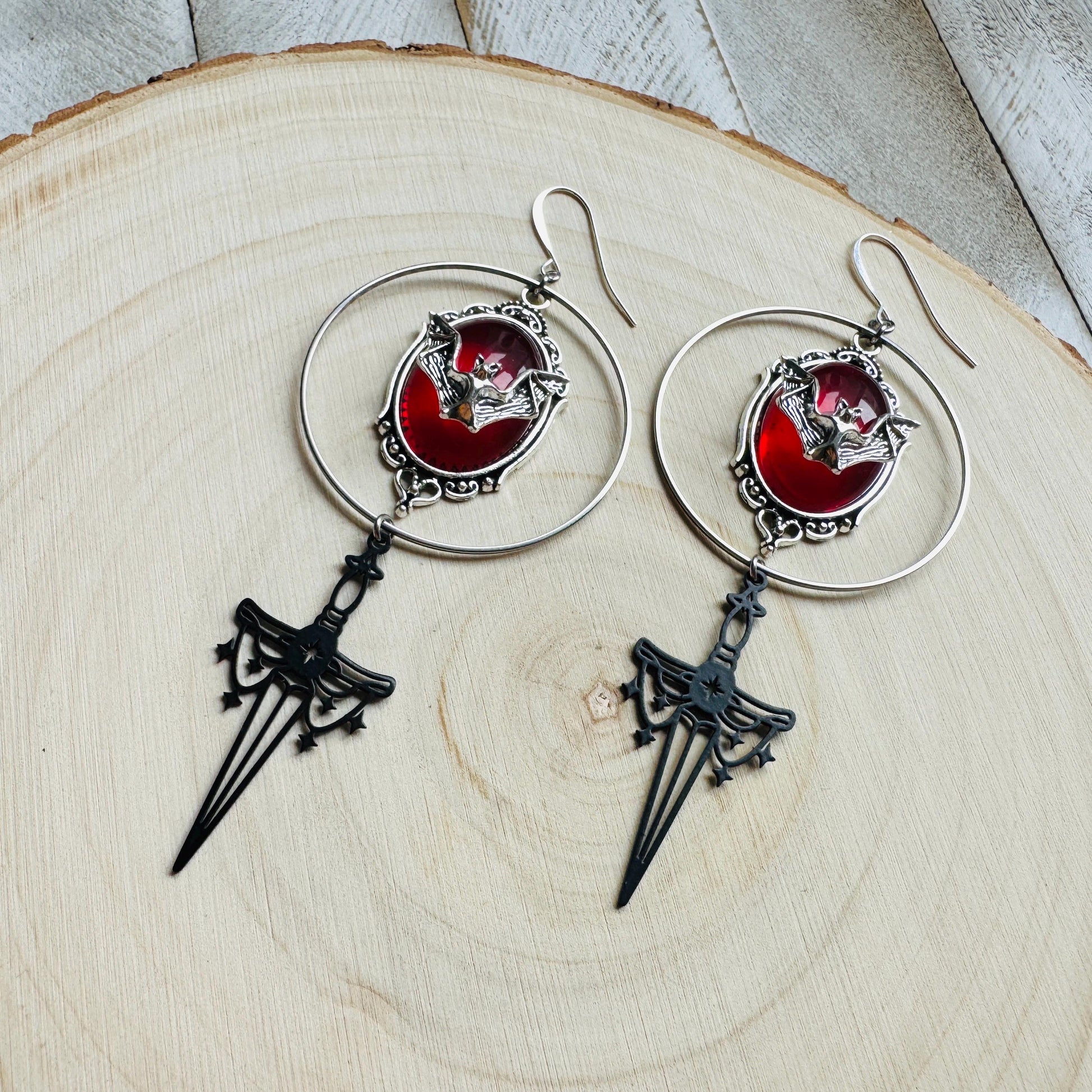 Bat Earrings, Silver Hoop Earrings, Witchy Earrings, Sword Earrings Silver, Punk Wedding, Goth Earrings for Women, Unique Halloween Gifts