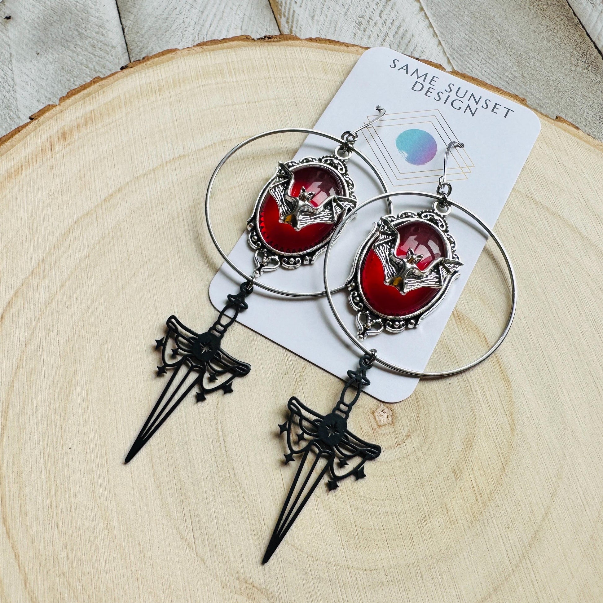 Bat Earrings, Silver Hoop Earrings, Witchy Earrings, Sword Earrings Silver, Punk Wedding, Goth Earrings for Women, Unique Halloween Gifts