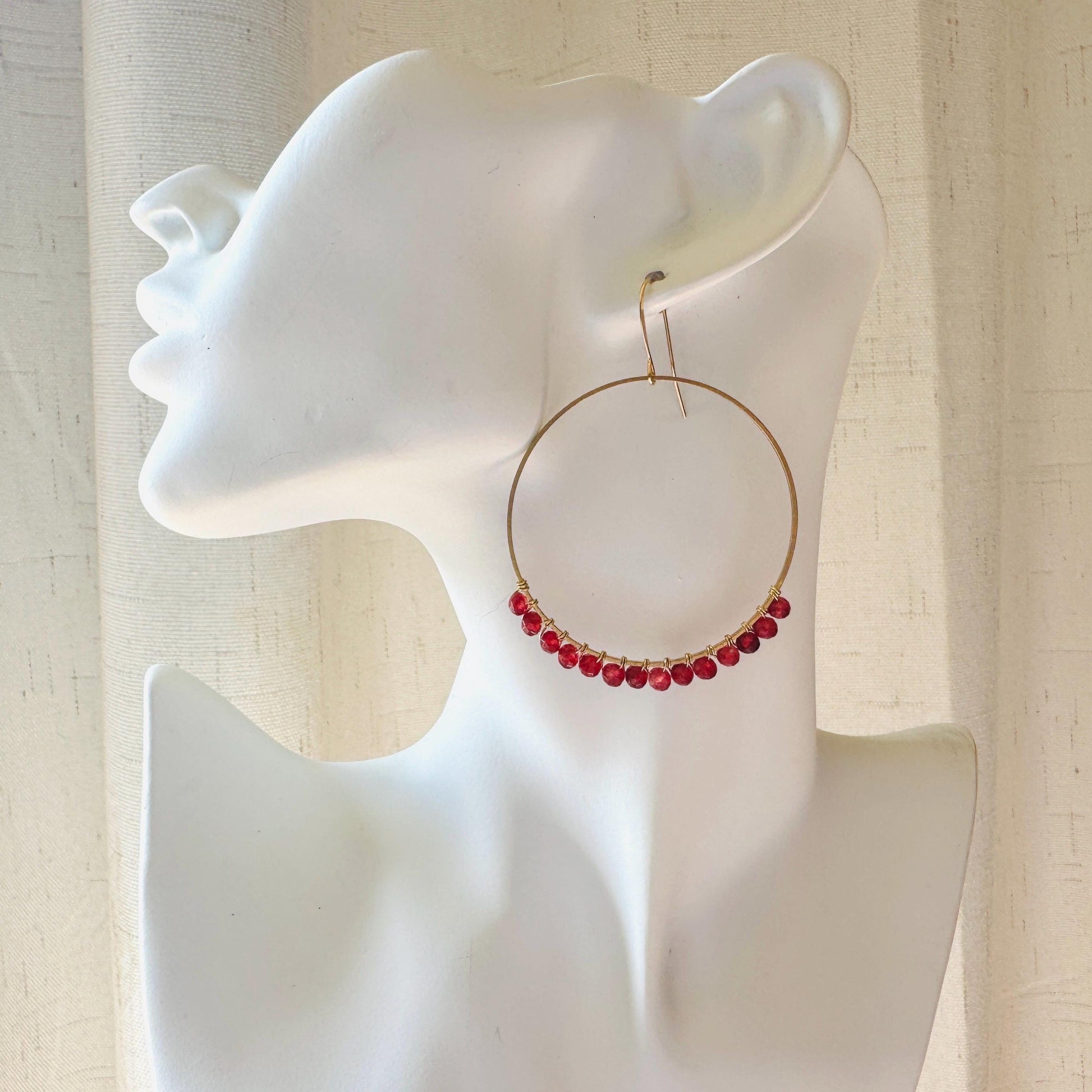 Garnet Earrings, Brass Hoops, Natural Stone Jewelry, January Earrings, Gemstone Earrings, Birthday Gift for Daughter, Witchy Earrings