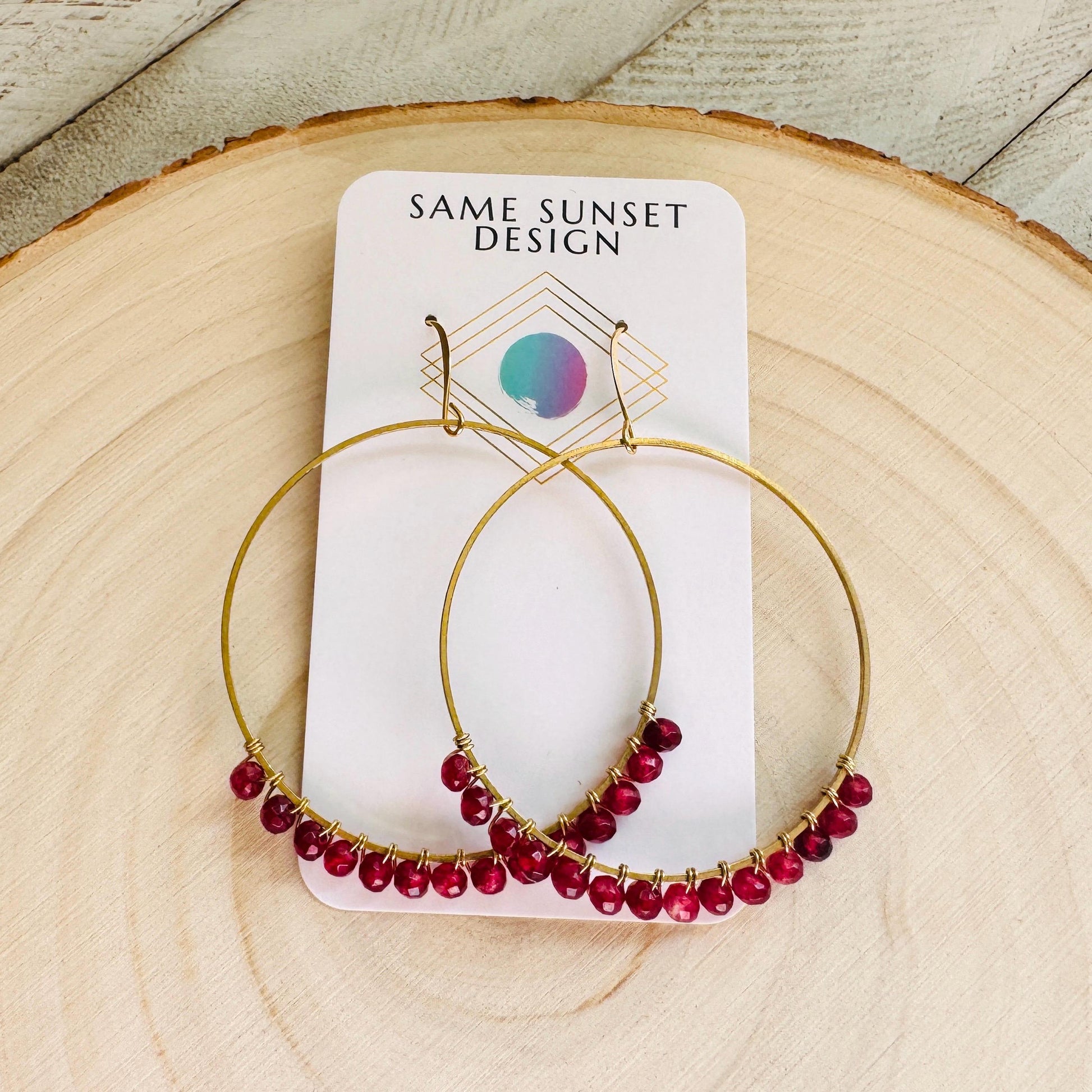 Garnet Earrings, Brass Hoops, Natural Stone Jewelry, January Earrings, Gemstone Earrings, Birthday Gift for Daughter, Witchy Earrings