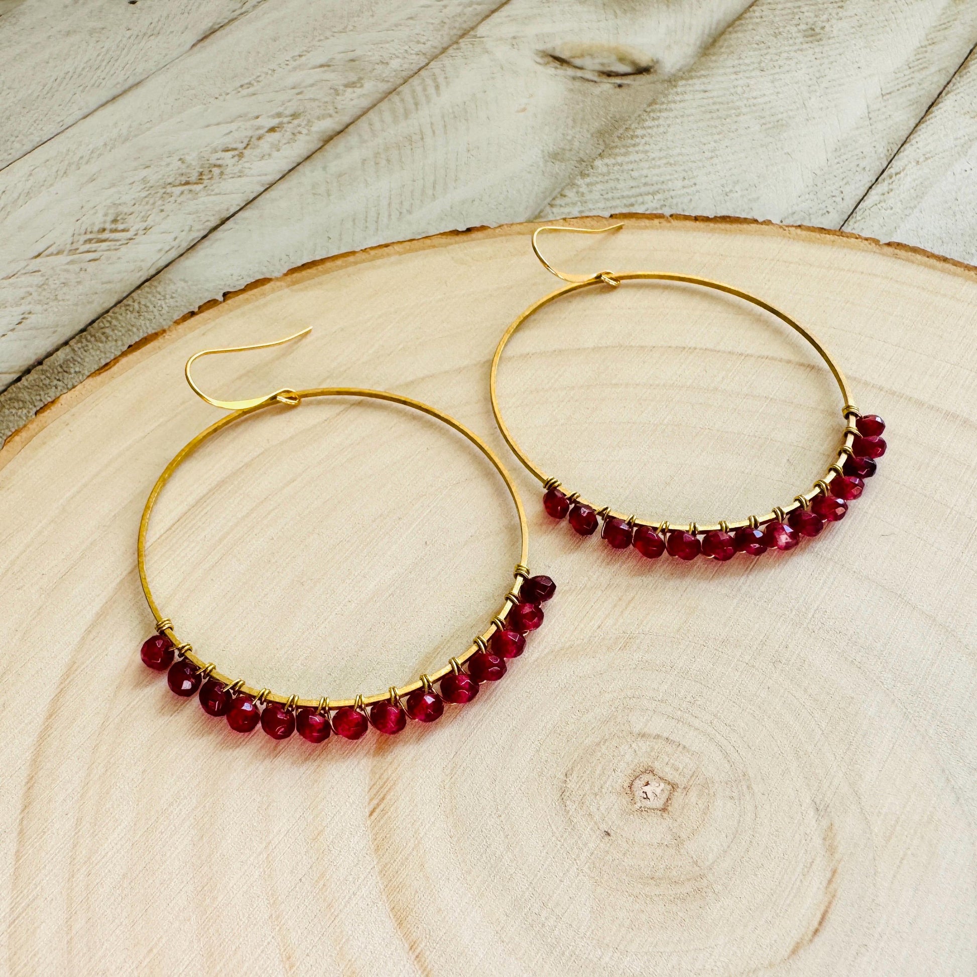 Garnet Earrings, Brass Hoops, Natural Stone Jewelry, January Earrings, Gemstone Earrings, Birthday Gift for Daughter, Witchy Earrings