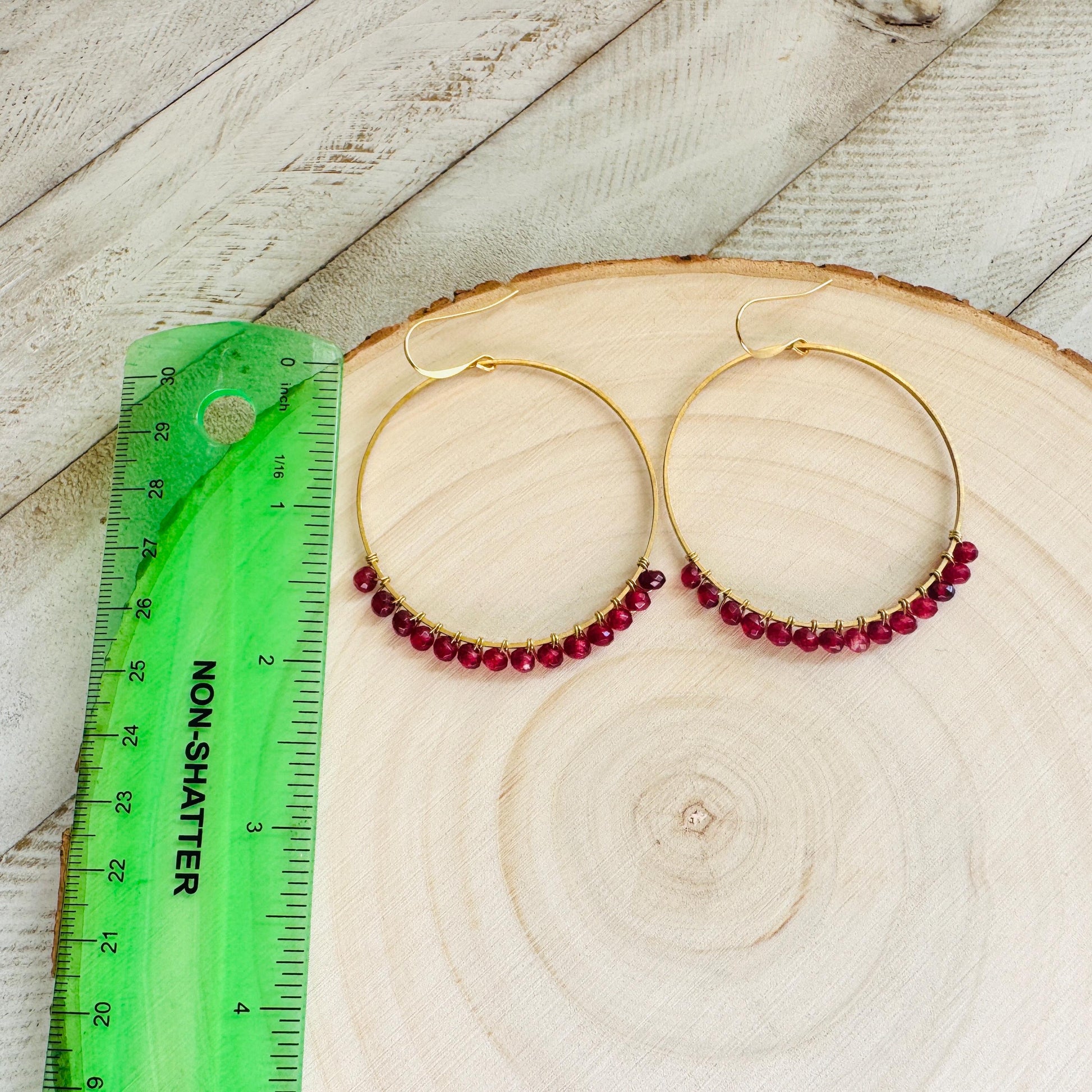 Garnet Earrings, Brass Hoops, Natural Stone Jewelry, January Earrings, Gemstone Earrings, Birthday Gift for Daughter, Witchy Earrings