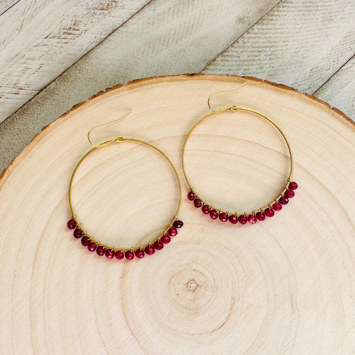 Garnet Earrings, Brass Hoops, Natural Stone Jewelry, January Earrings, Gemstone Earrings, Birthday Gift for Daughter, Witchy Earrings
