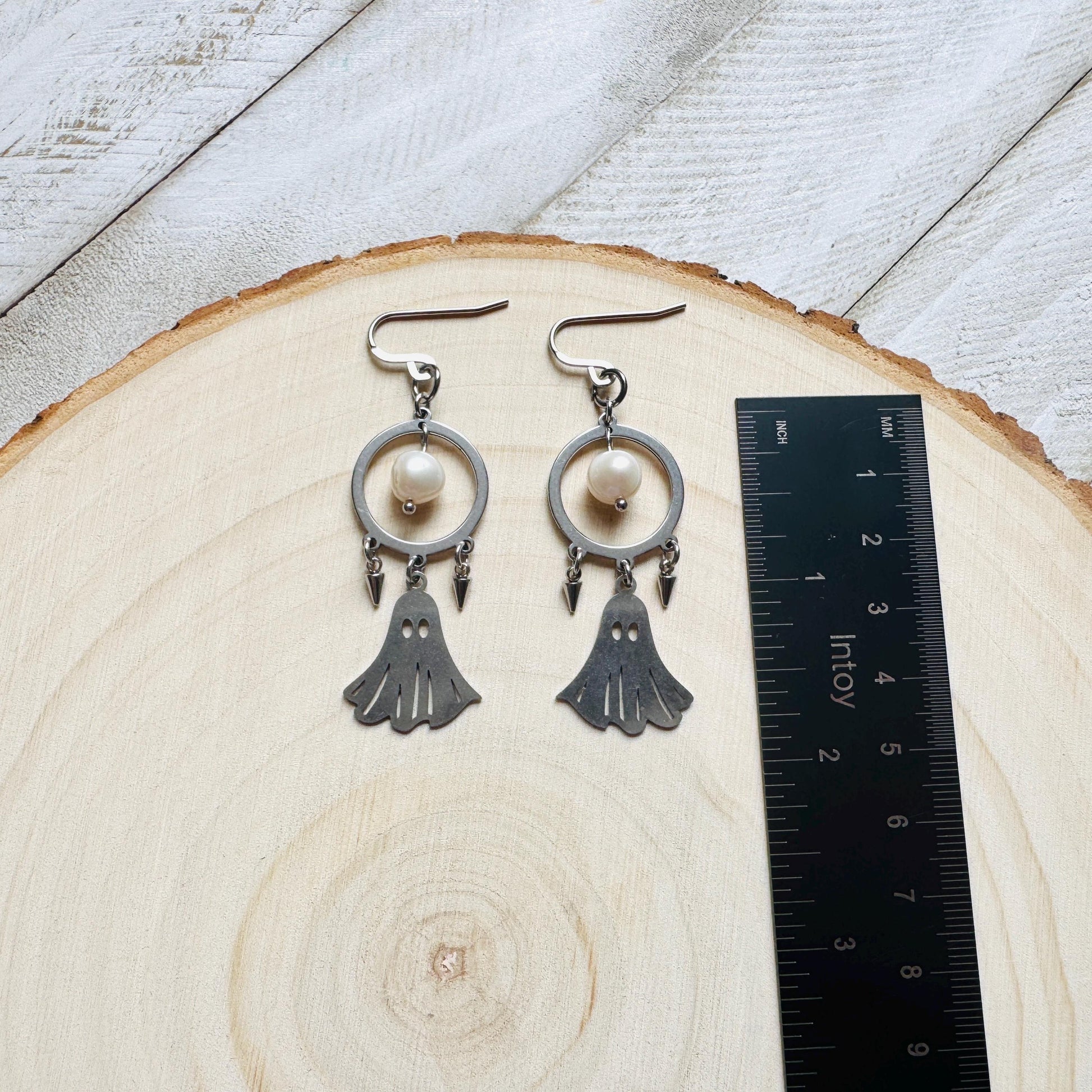 Ghost Earrings, Pearl Earrings Dangle, Spike Earrings, Unique Halloween Gifts, Goth Earrings for Women, Birthday Gift for Daughter, Silver