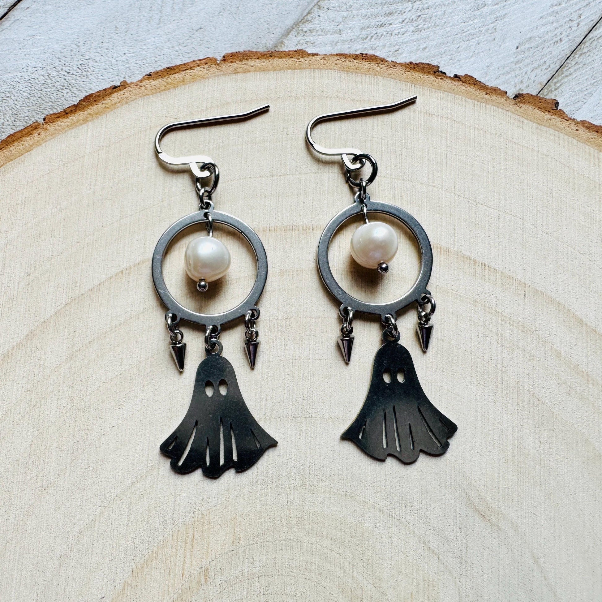 Ghost Earrings, Pearl Earrings Dangle, Spike Earrings, Unique Halloween Gifts, Goth Earrings for Women, Birthday Gift for Daughter, Silver