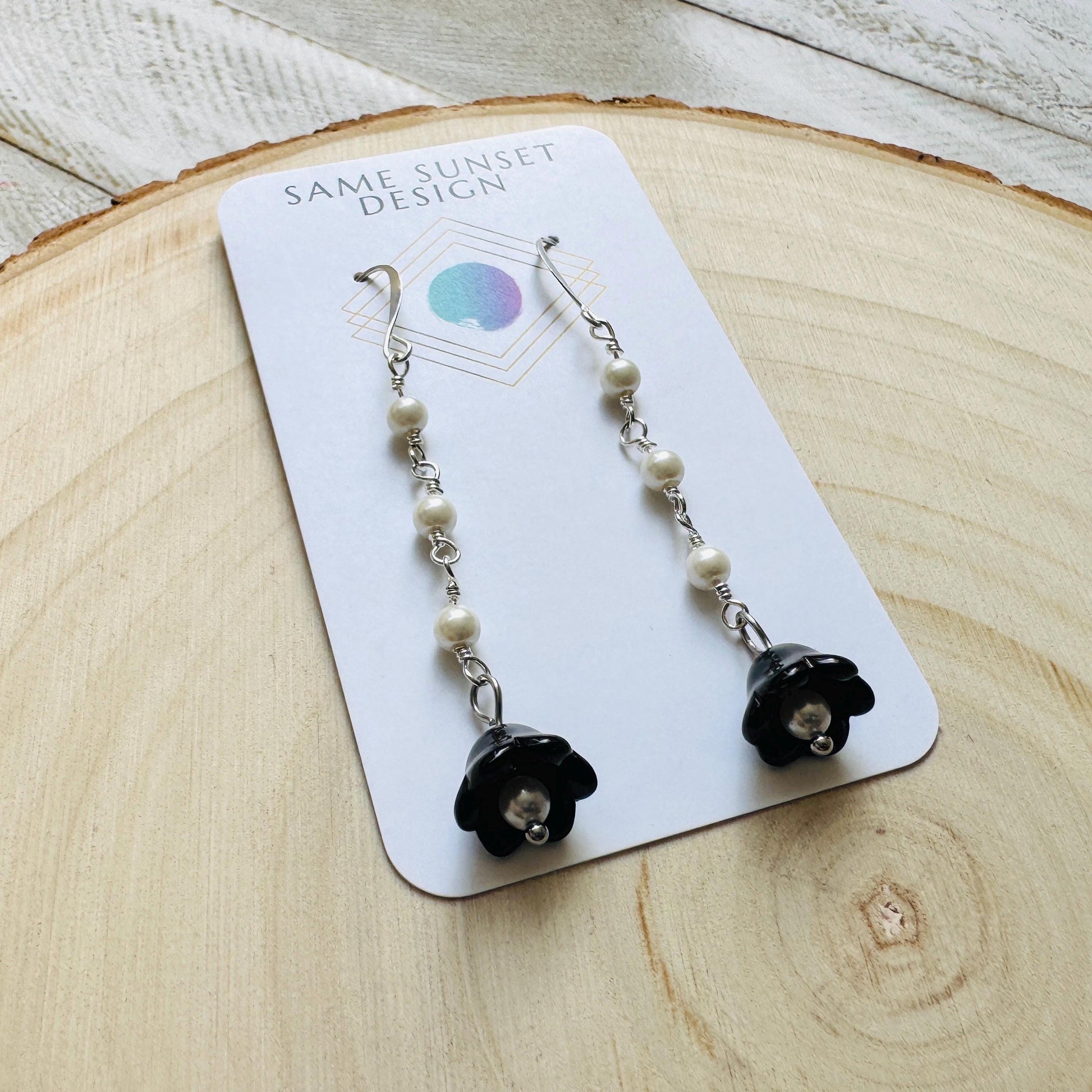 Glass Flower Earrings, Silver Earrings, Pearl Earrings Dangle, Goth Earrings, Bridesmaid Jewelry, Cottagecore Jewelry, Plant Mom Gift