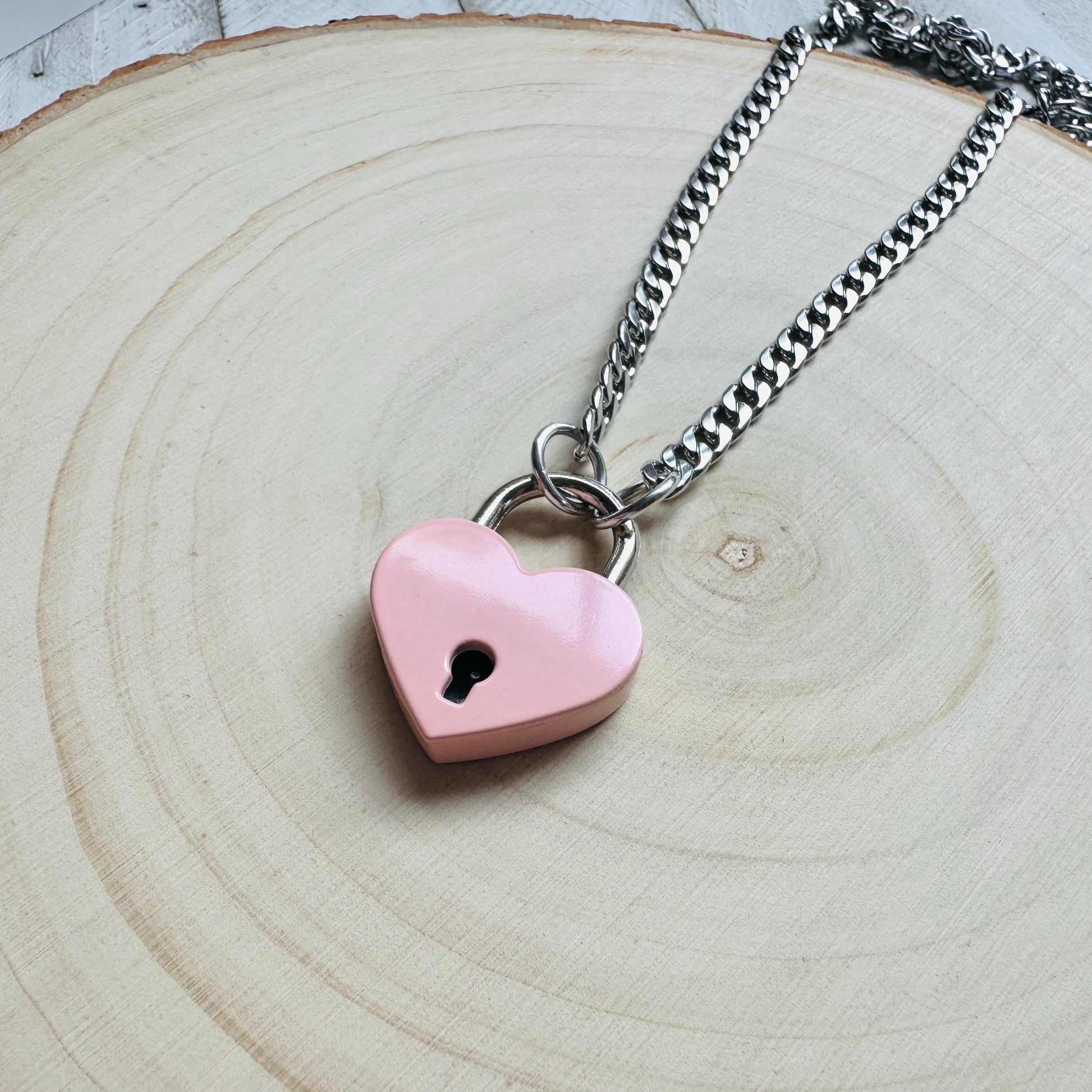 Heart Lock Necklace: Punk Goth Stainless Steel Chain, Pink
