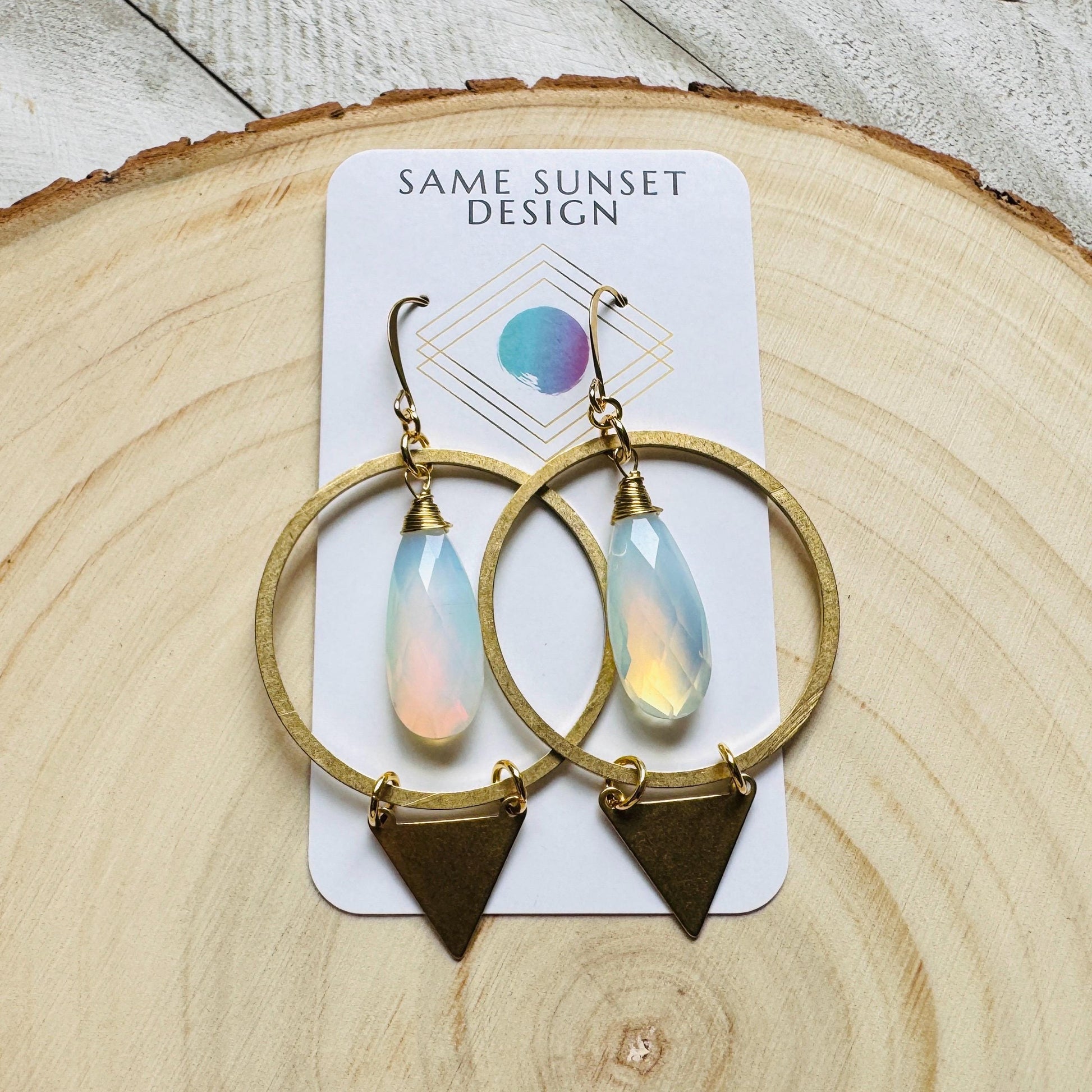 Opalite Earrings, Triangle Earrings, Brass Hoop Earrings Large, Boho Chic, Minimalistic Witchy Jewelry, Birthday Present For Her, Elegant