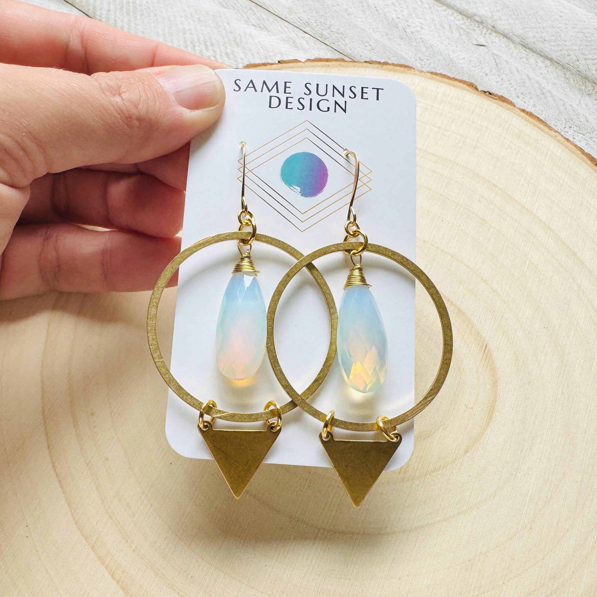Opalite Earrings, Triangle Earrings, Brass Hoop Earrings Large, Boho Chic, Minimalistic Witchy Jewelry, Birthday Present For Her, Elegant