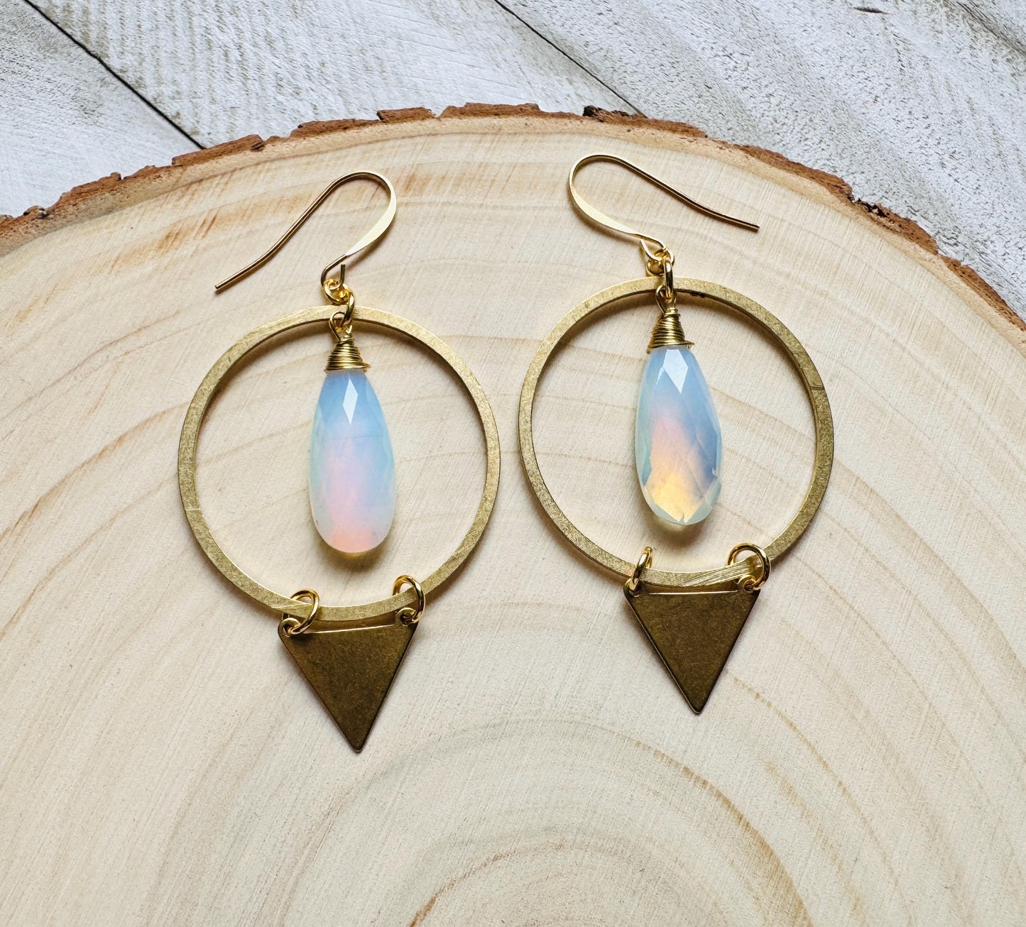 Opalite Earrings, Triangle Earrings, Brass Hoop Earrings Large, Boho Chic, Minimalistic Witchy Jewelry, Birthday Present For Her, Elegant