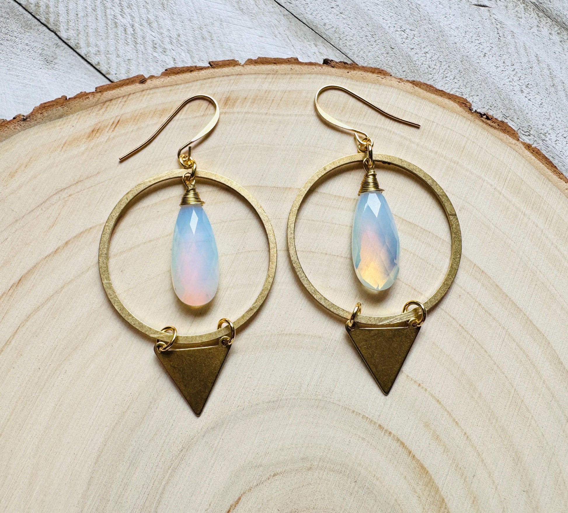 Opalite Earrings, Triangle Earrings, Brass Hoop Earrings Large, Boho Chic, Minimalistic Witchy Jewelry, Birthday Present For Her, Elegant